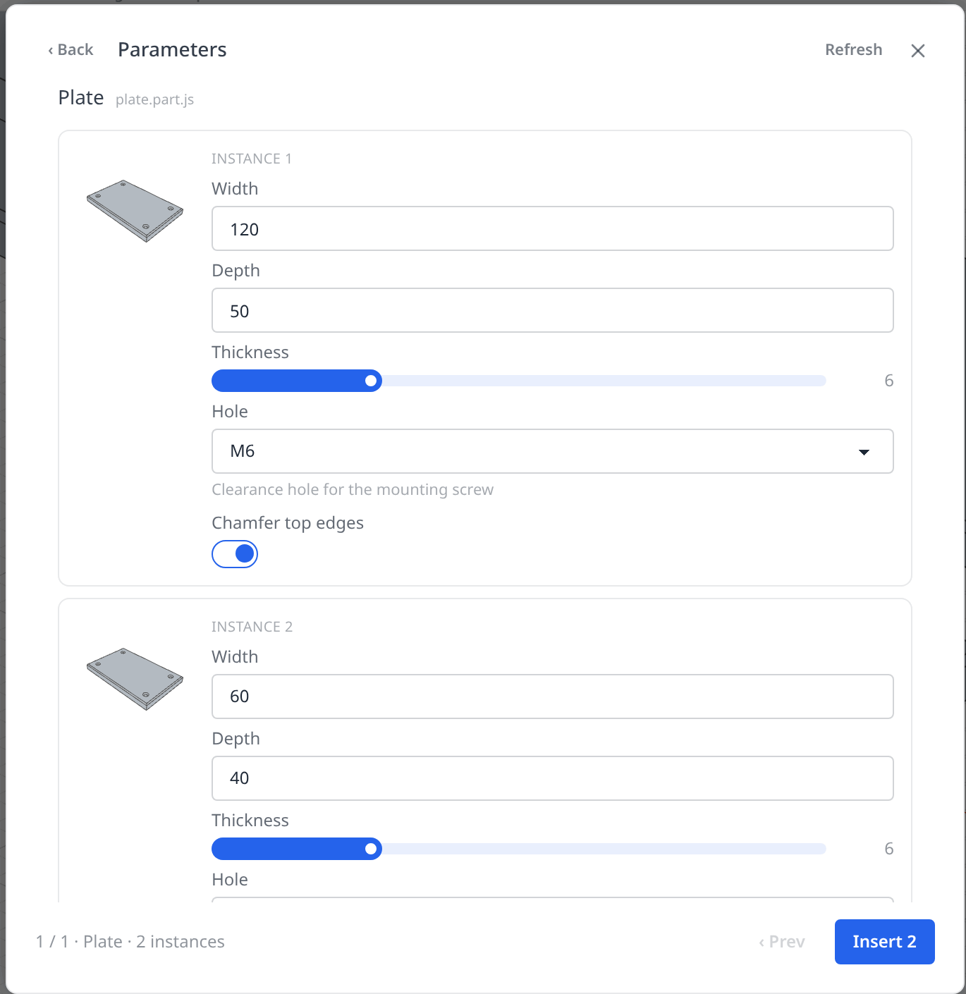 The Insert dialog's parameters page, one form per queued plate
