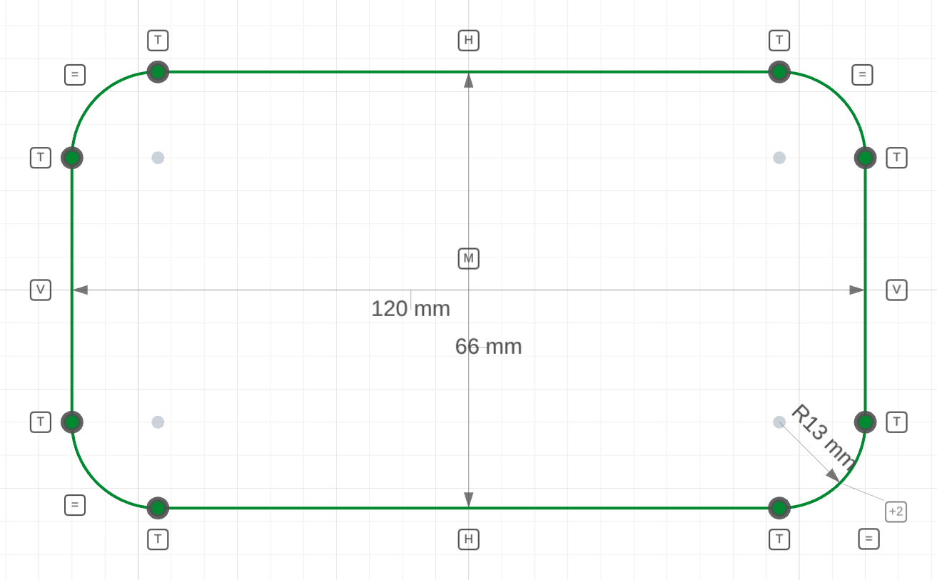 A 120 × 66 rounded rectangle, R13, centred on the origin