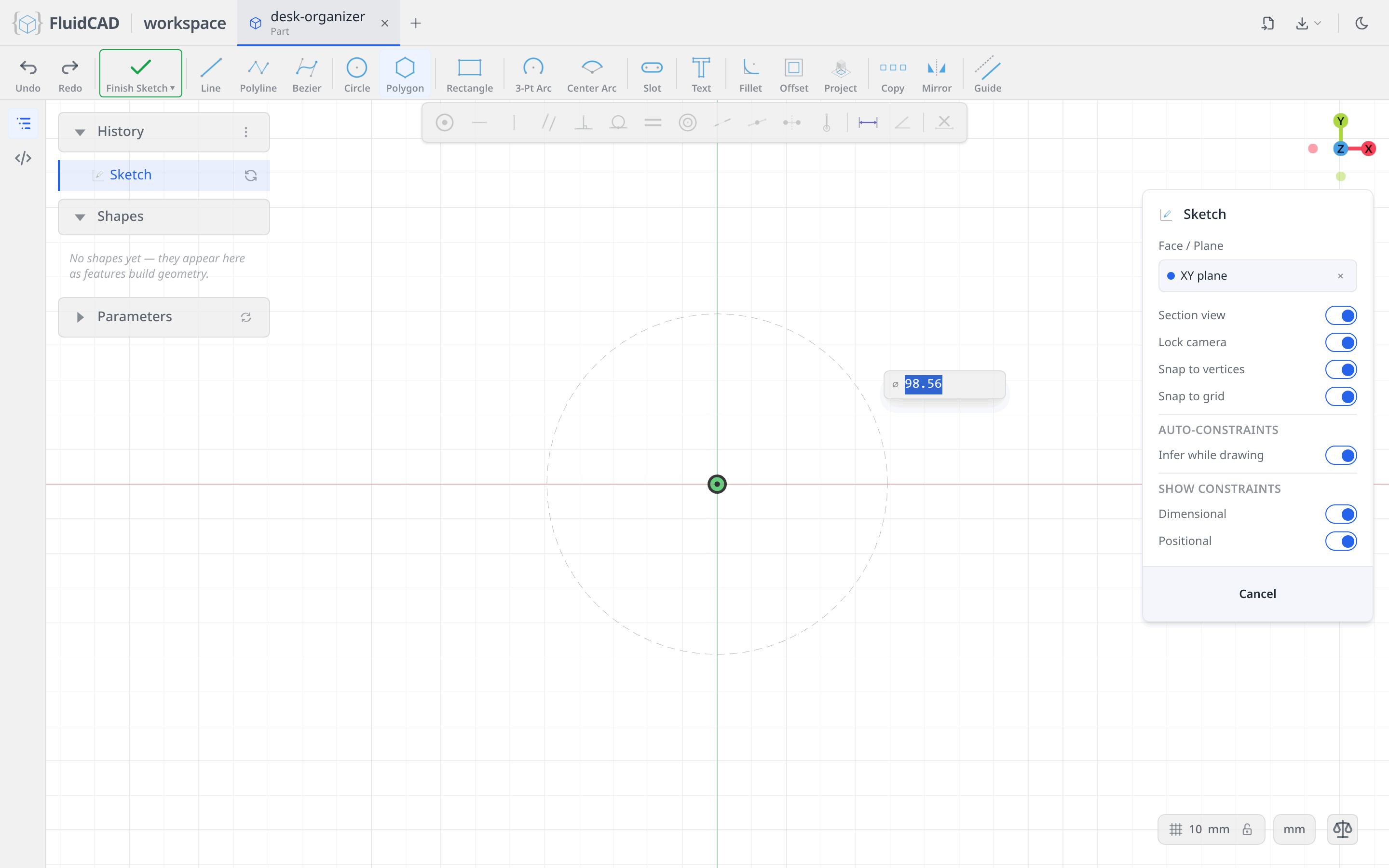 Polygon tool: the center is placed and the diameter is being typed