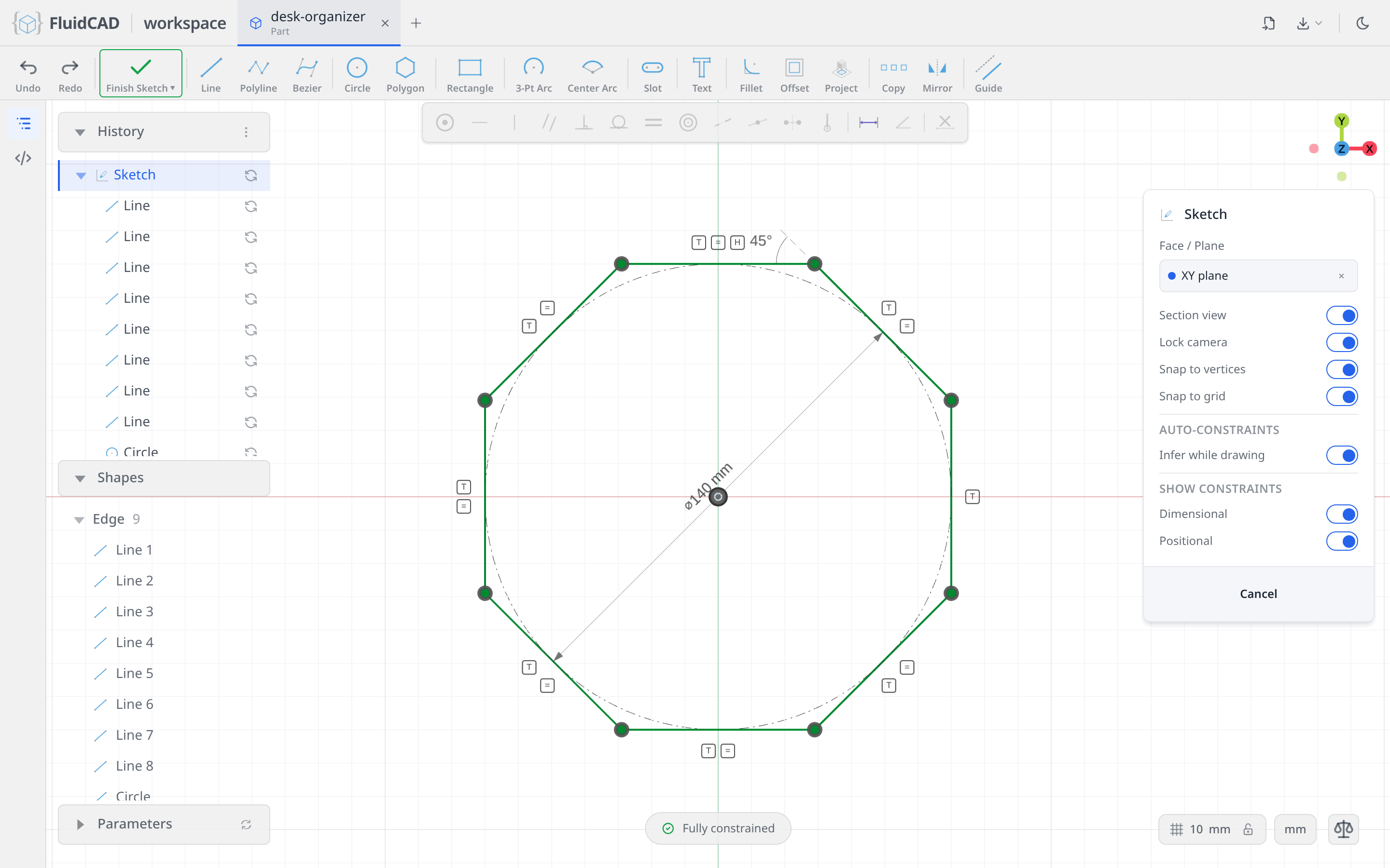 The octagon with a horizontal side, fully constrained