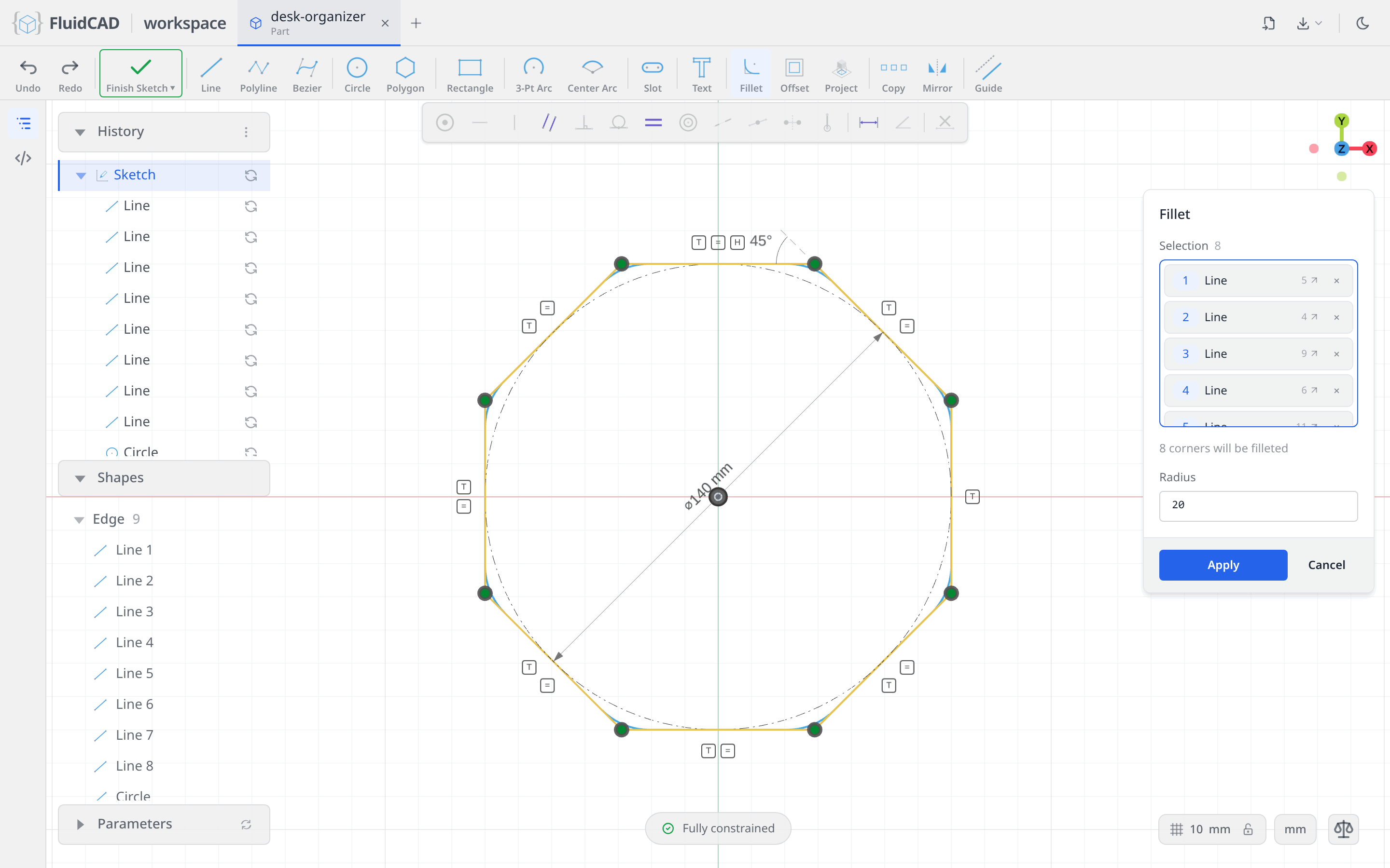 Fillet dialog with the eight sides picked and the 20 mm corner preview