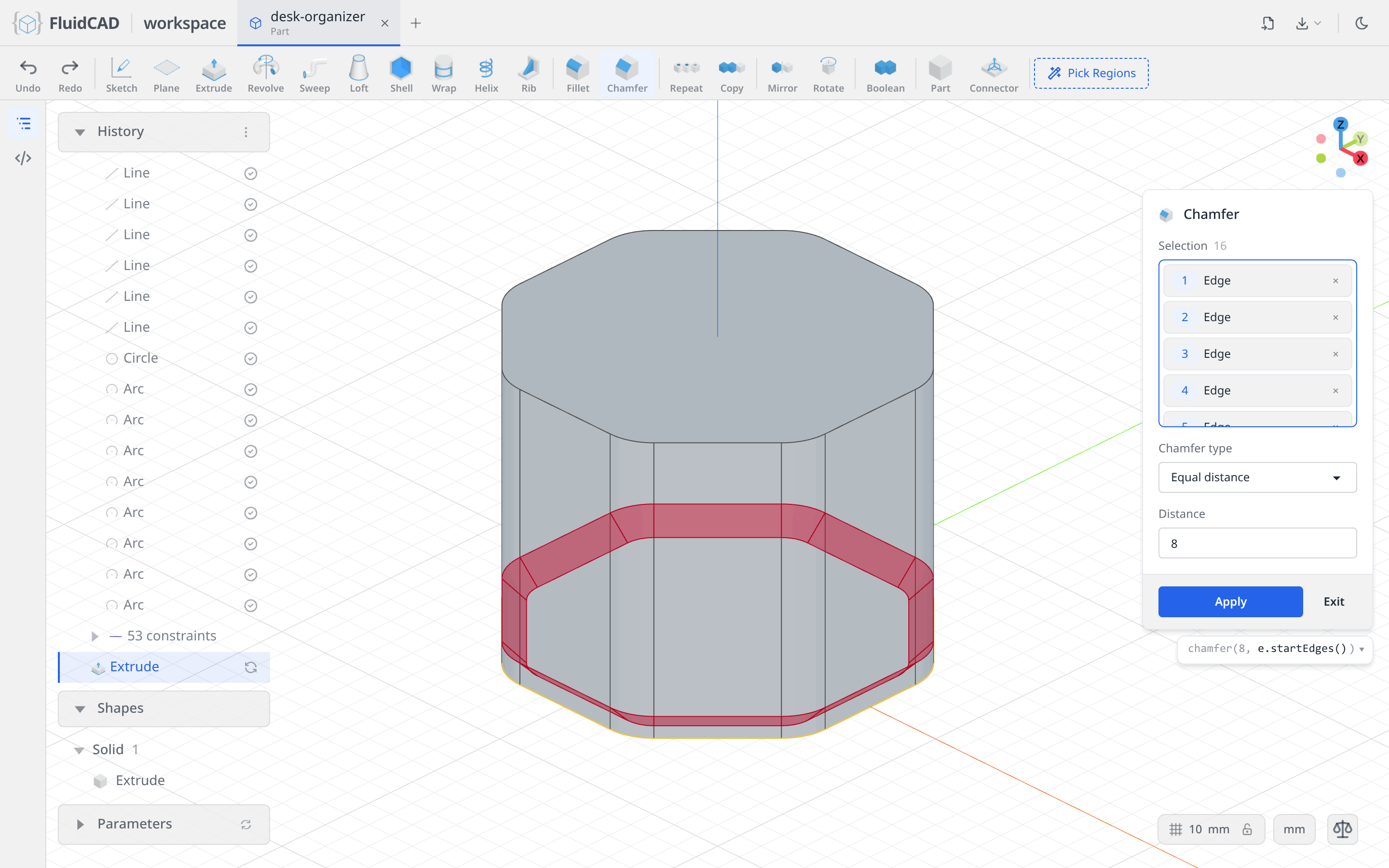 Chamfer dialog with all sixteen bottom edges picked and the 8 mm preview