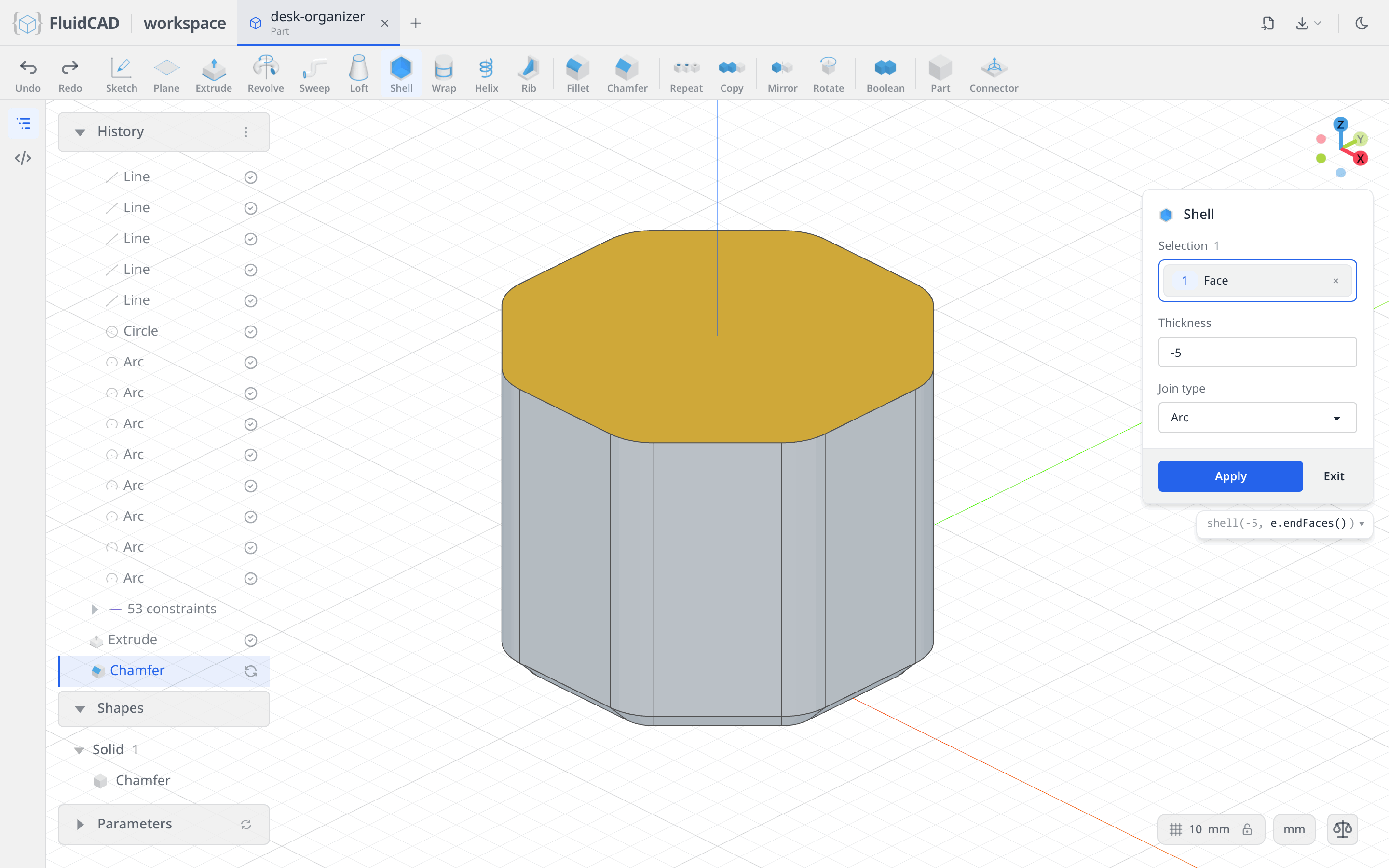 Shell dialog with the top face picked