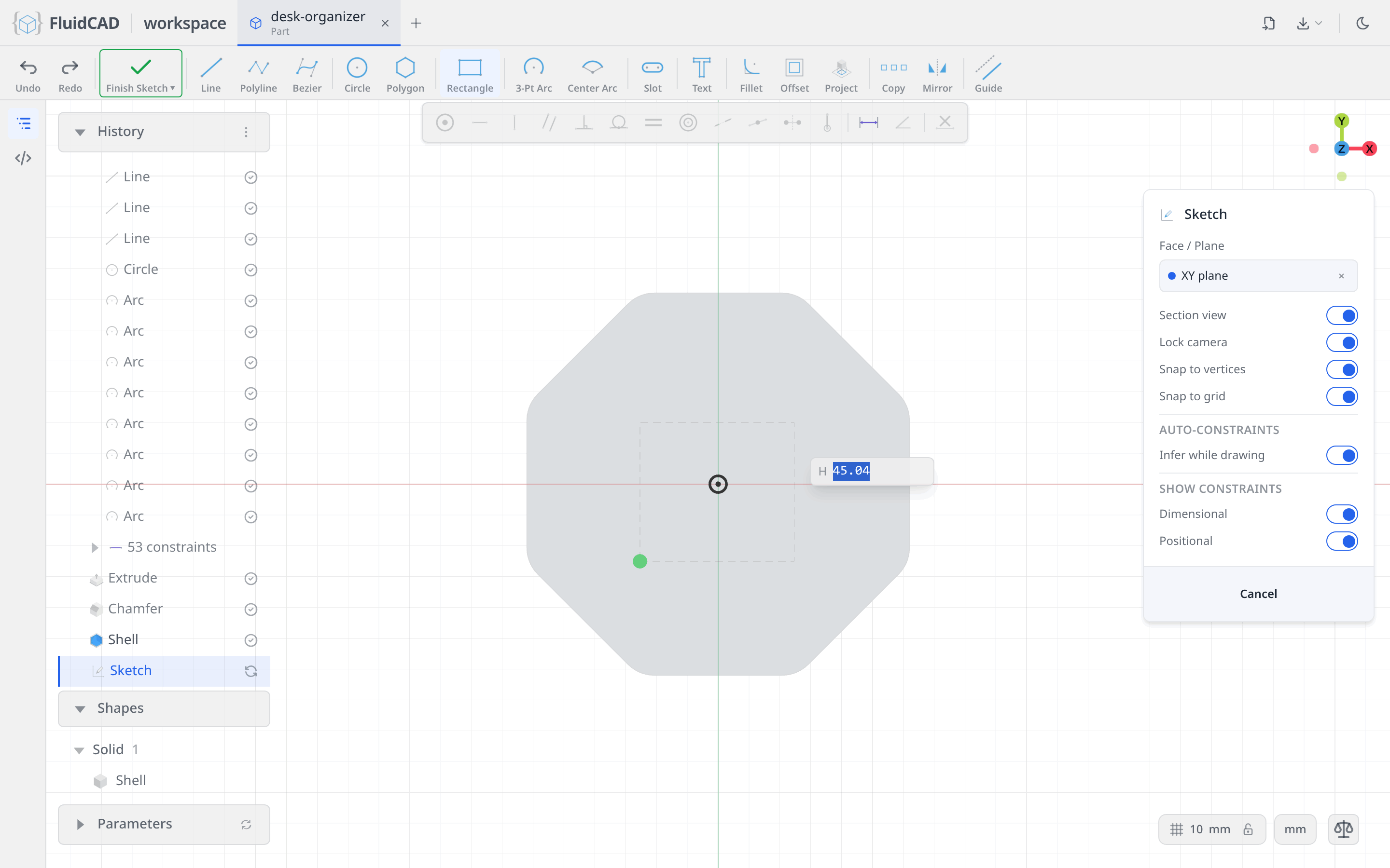 Rectangle tool: the width is typed, the height comes next