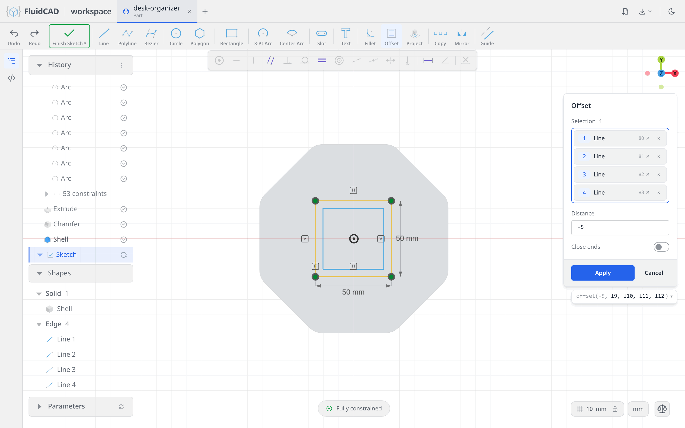 Offset dialog with the four sides picked and the -5 mm inner loop preview