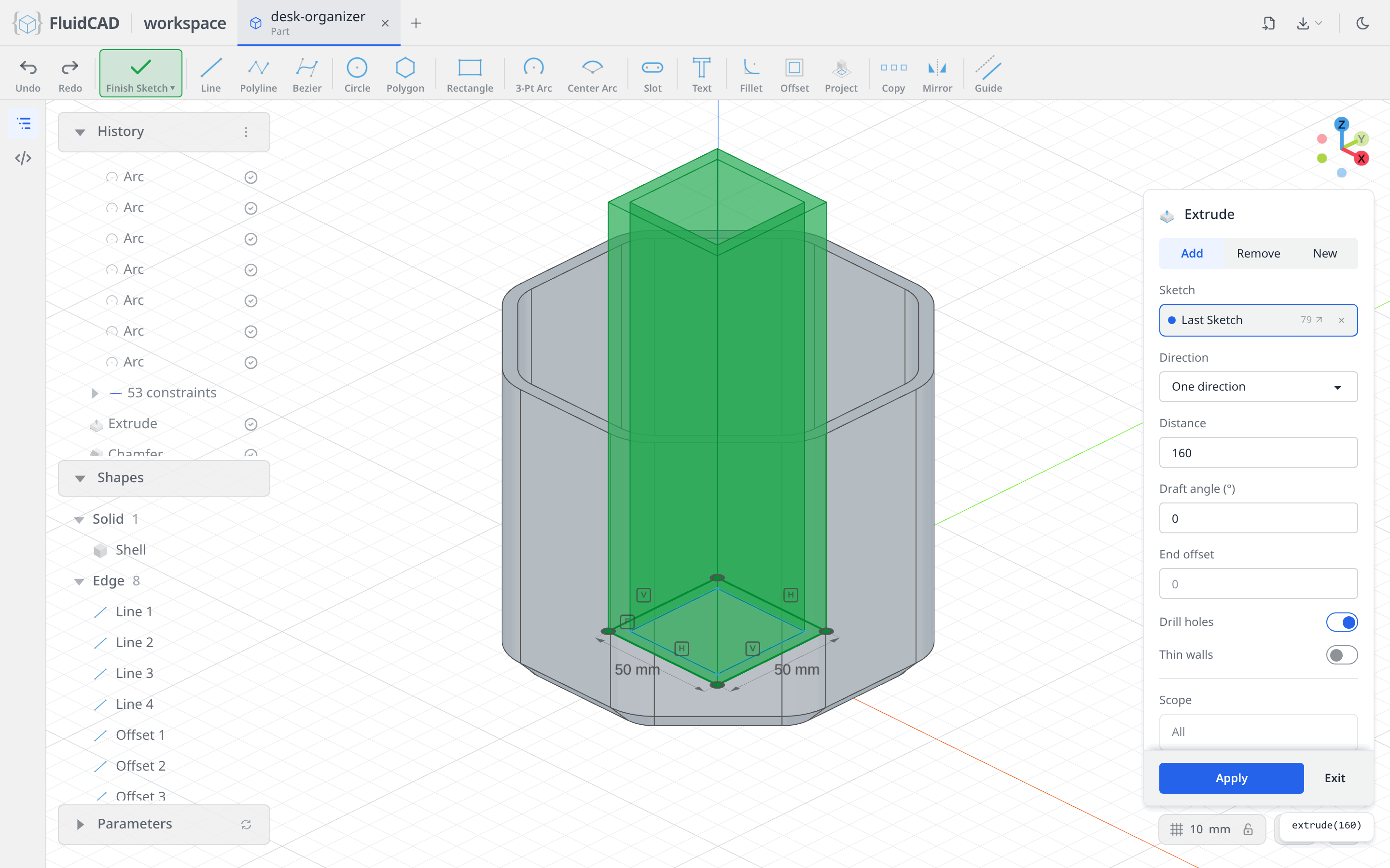Extrude dialog with the 160 mm column preview