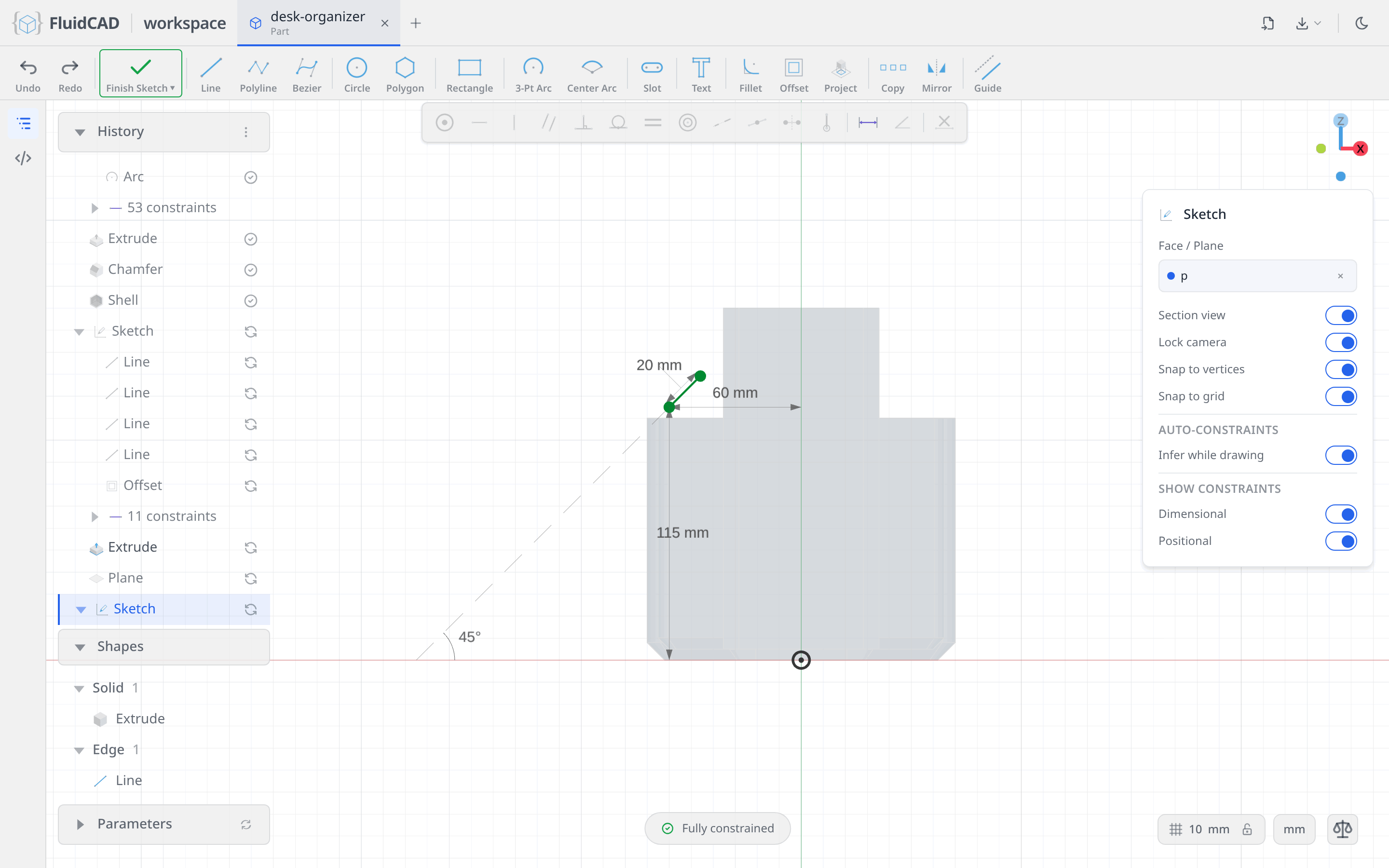 The rib spine: a 20 mm line dimensioned from the sketch axes