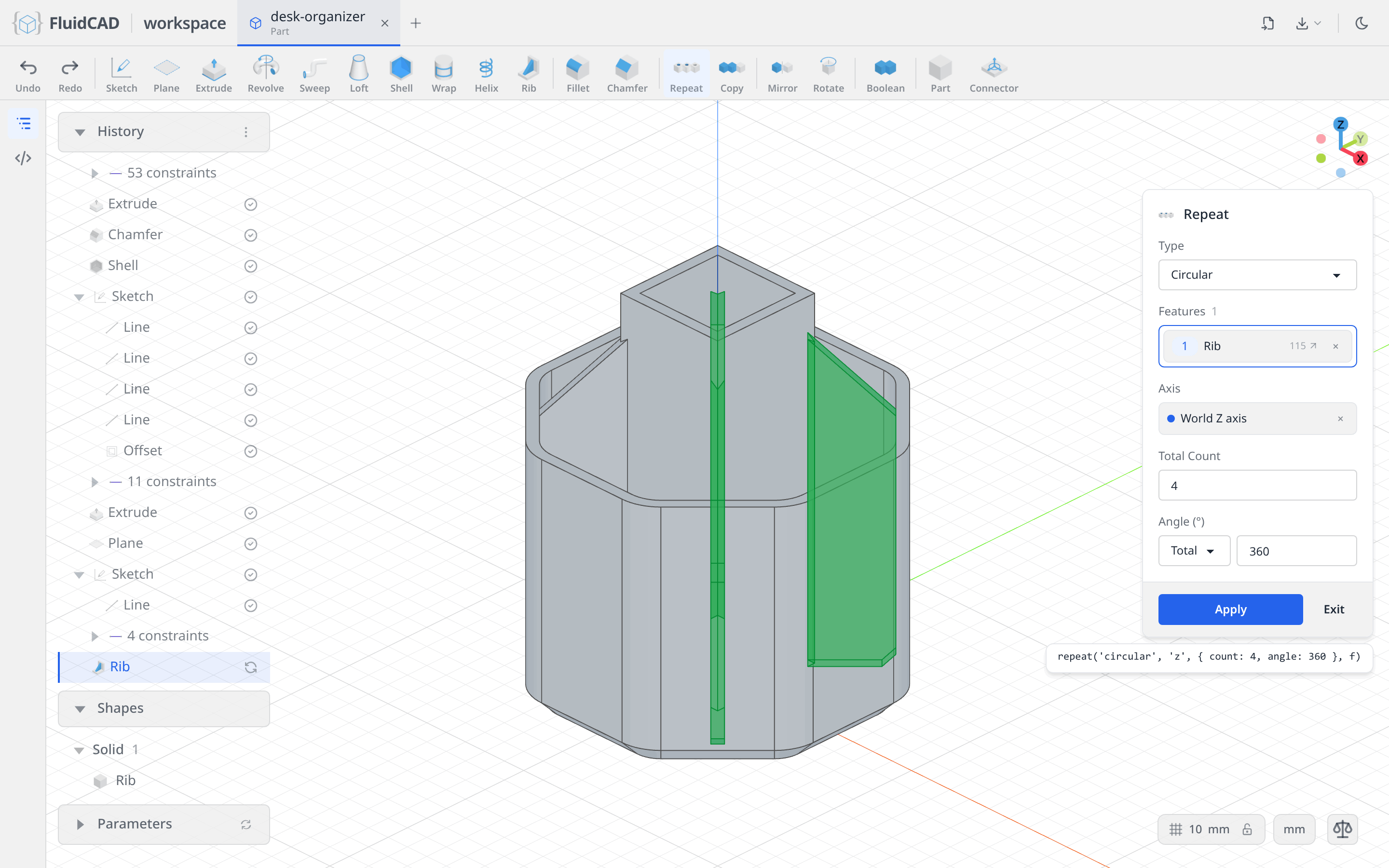 Repeat dialog with the four-rib circular preview