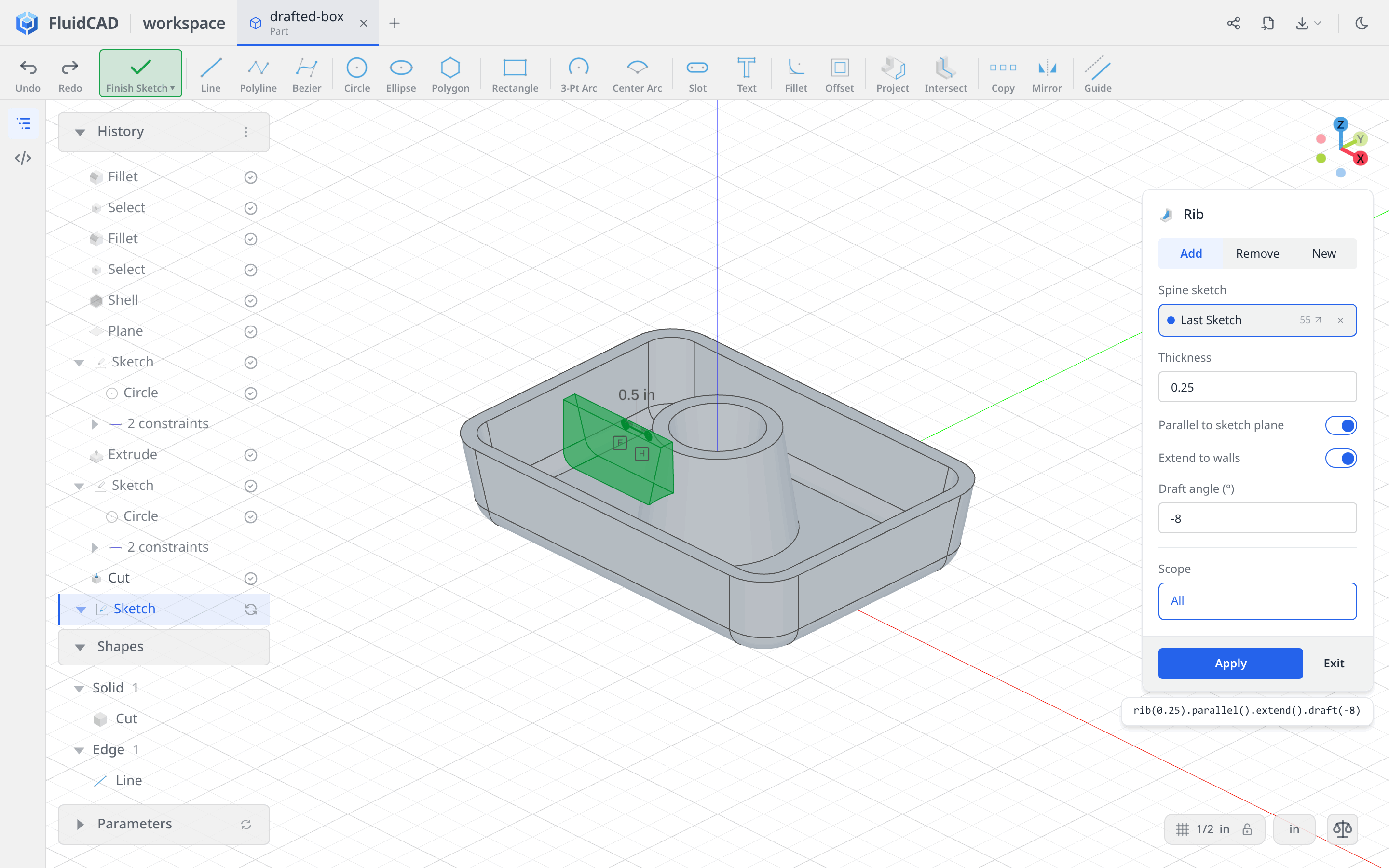 Drafted rib preview extending between the pipe and box wall