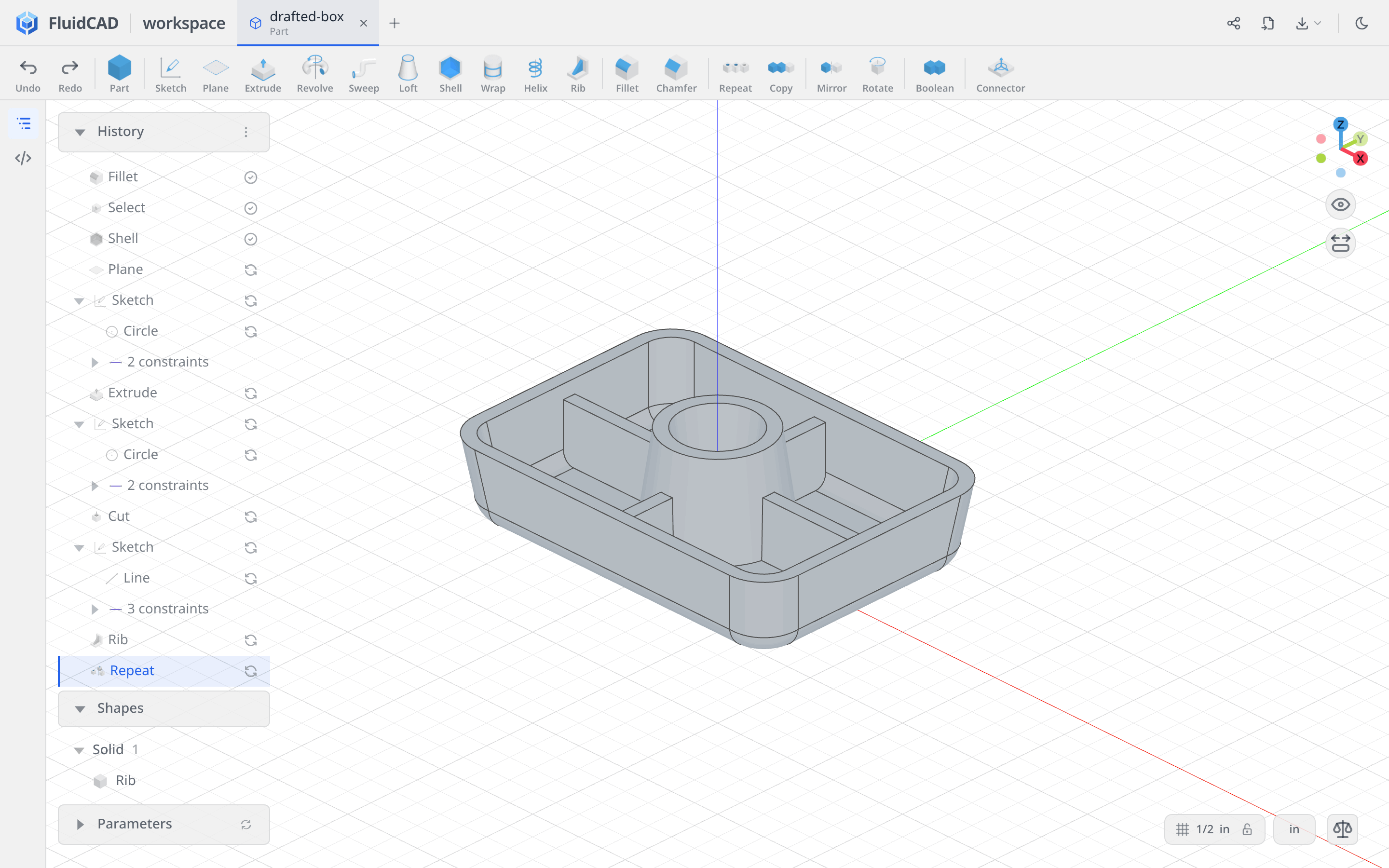 Finished drafted box with a hollow pipe and four support ribs