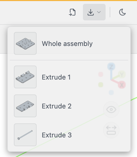 Export menu in an assembly