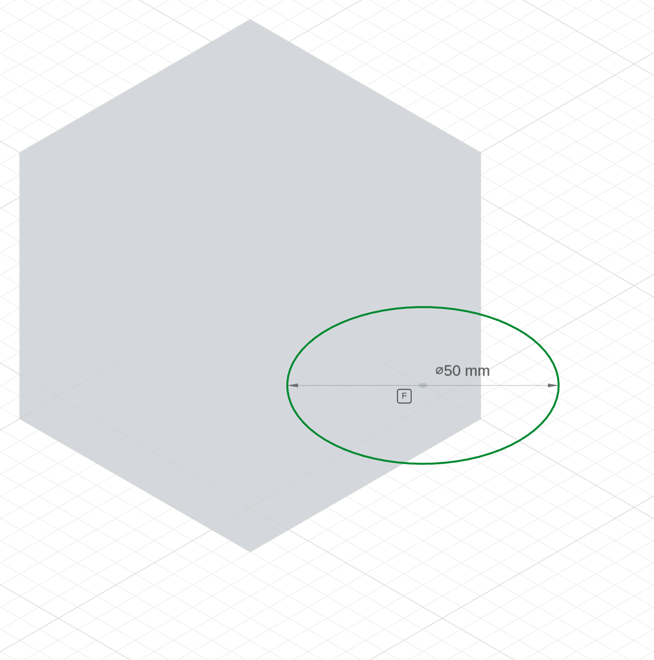 A cube with a Ø50 circle sketched on a plane halfway up it, overlapping its right-hand side