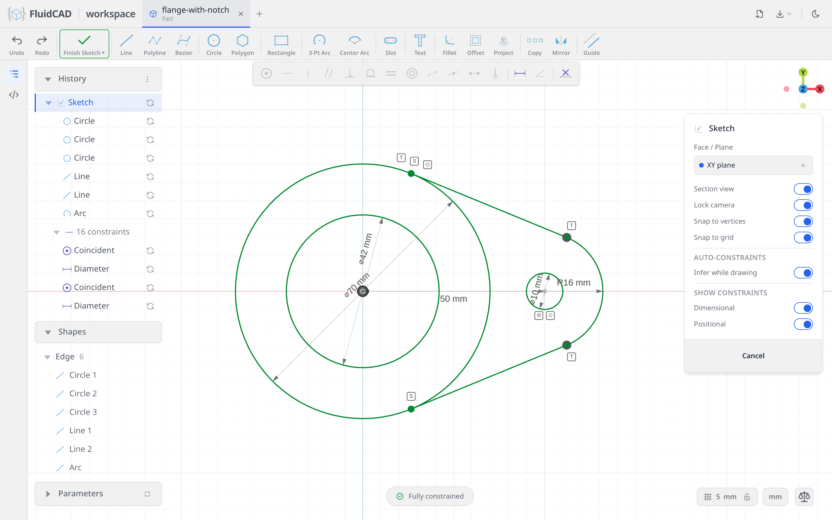 The tab fully constrained: two tangent flanks and the R16 cap