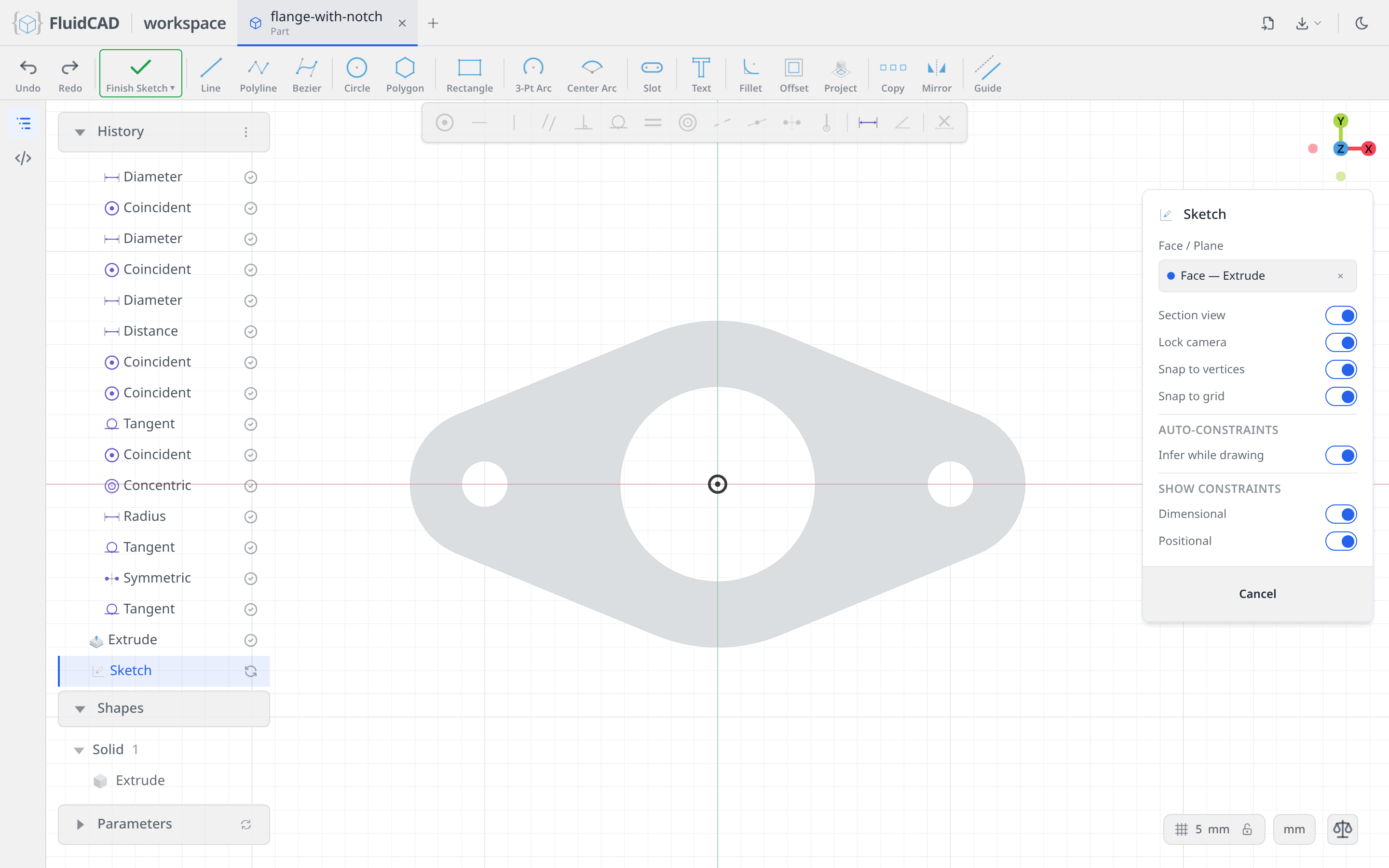 A sketch opened on the flange top face