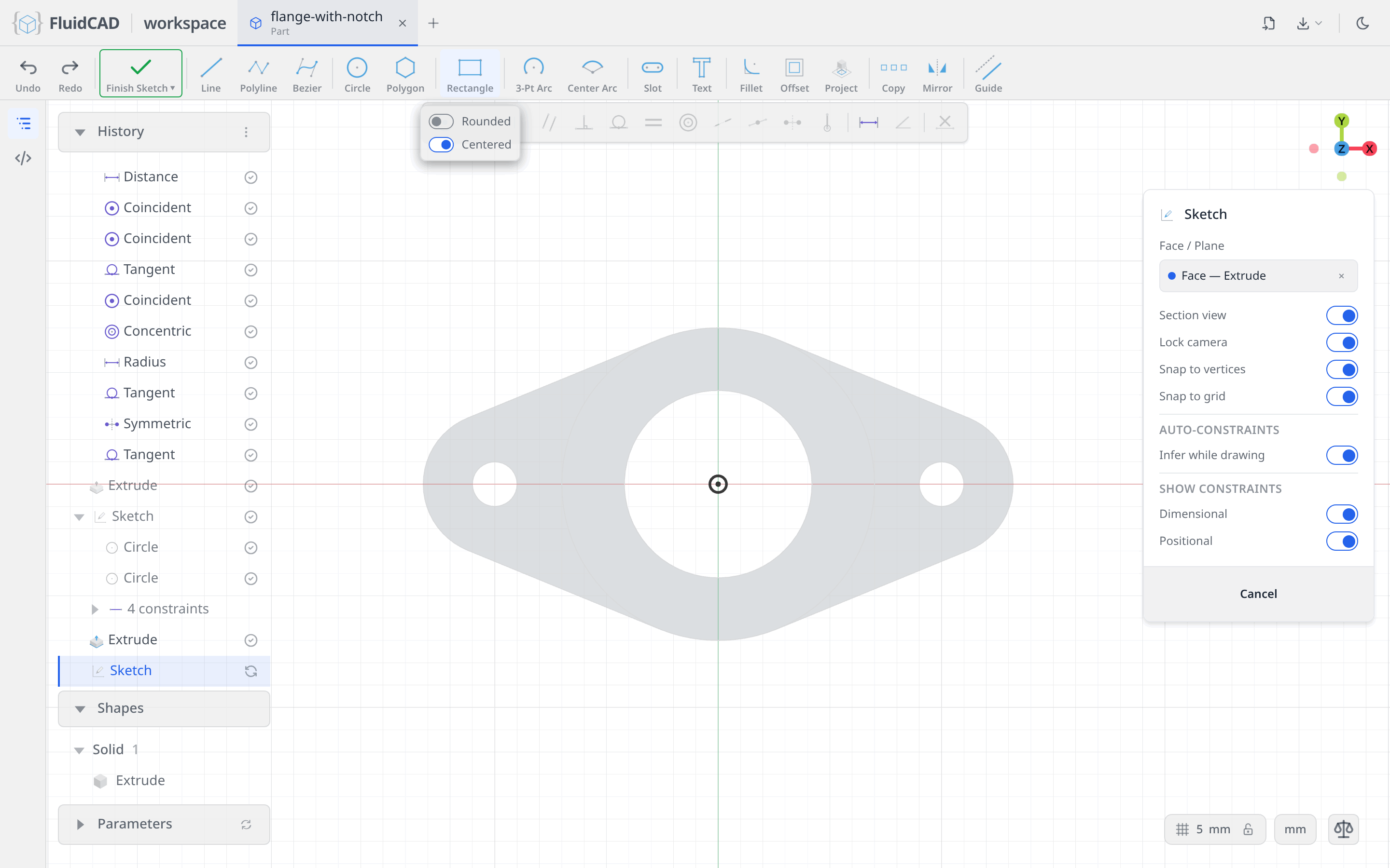 The Rectangle tool's option menu with Centered on