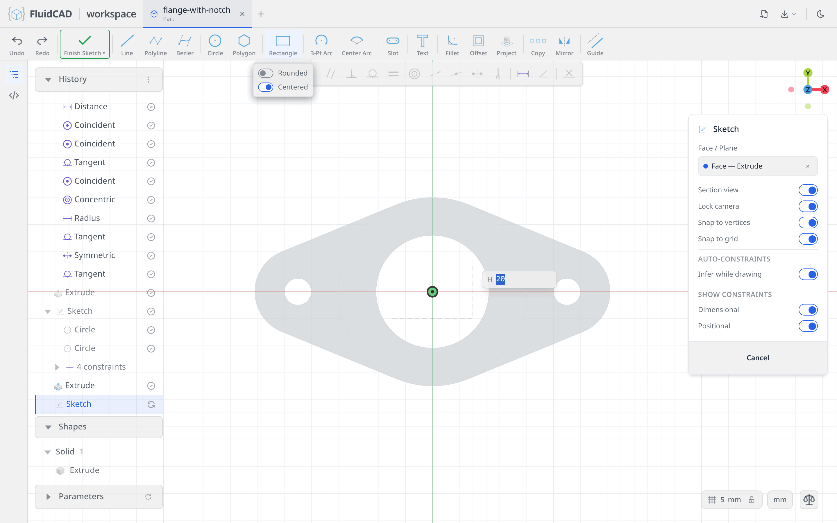 Rectangle tool: the width is typed, the height comes next