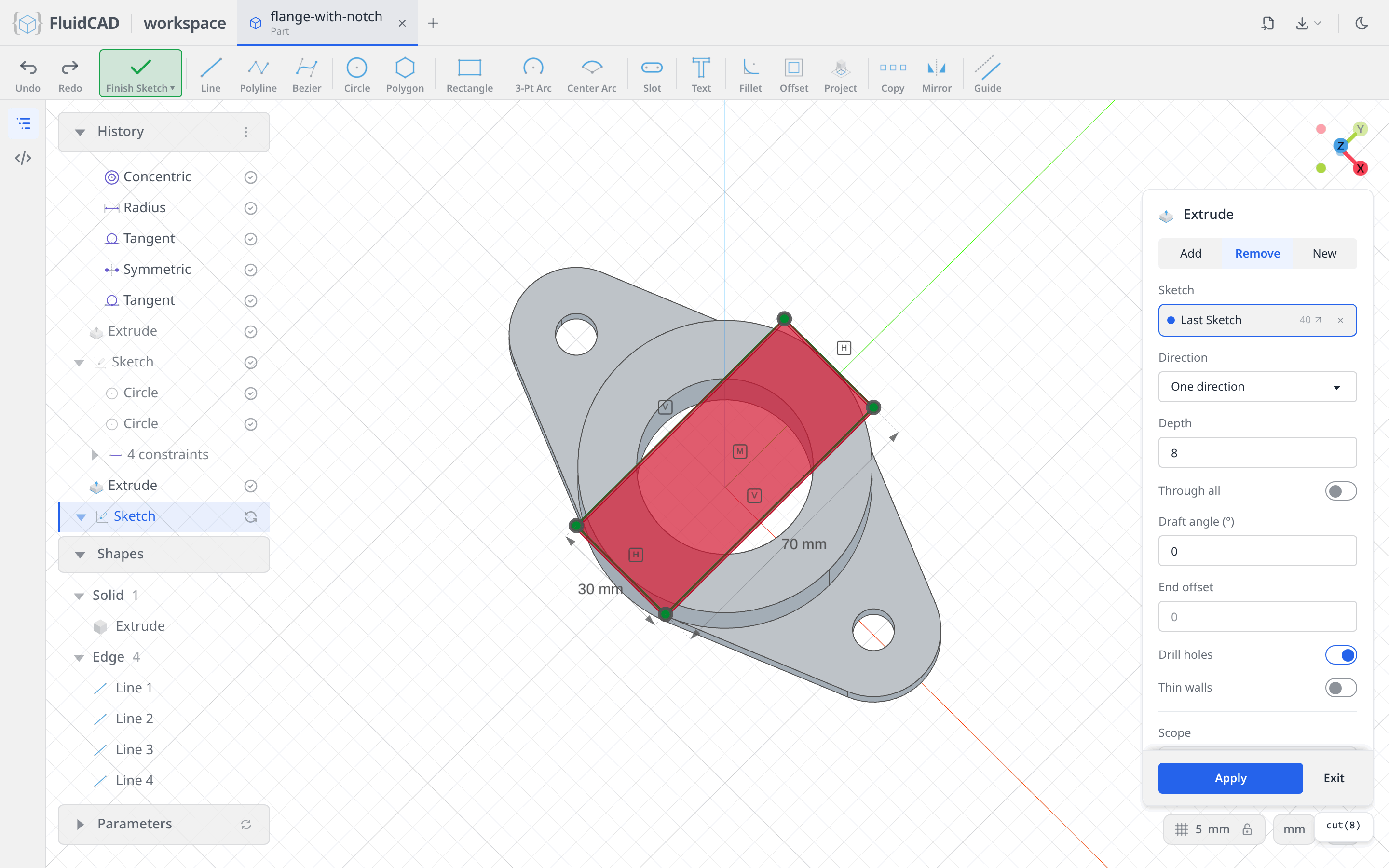 Extrude dialog on the Remove tab with the 8 mm notch ghost