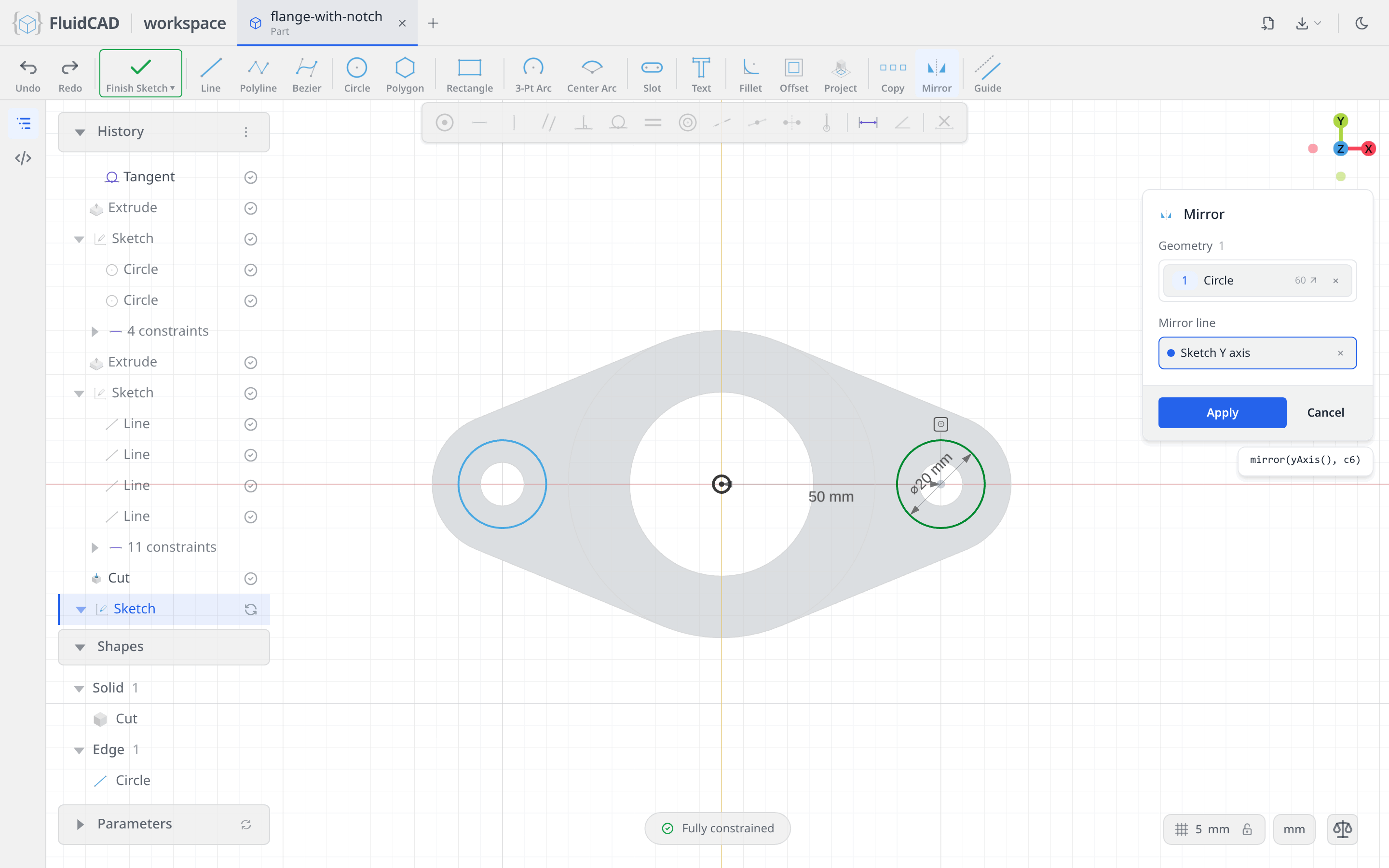 The 2D Mirror tool with the mirrored circle preview
