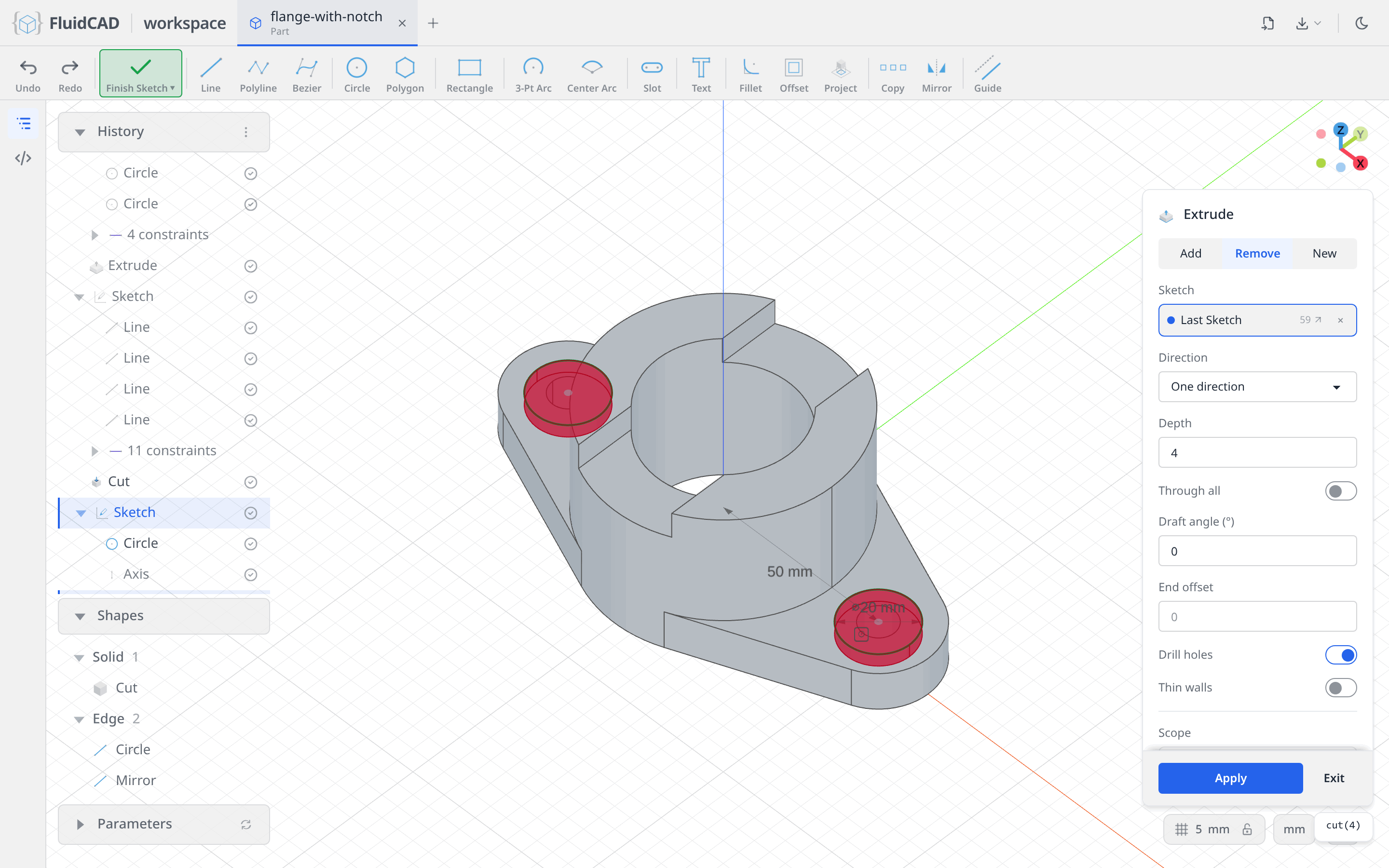 Extrude dialog with the 4 mm counterbore ghost