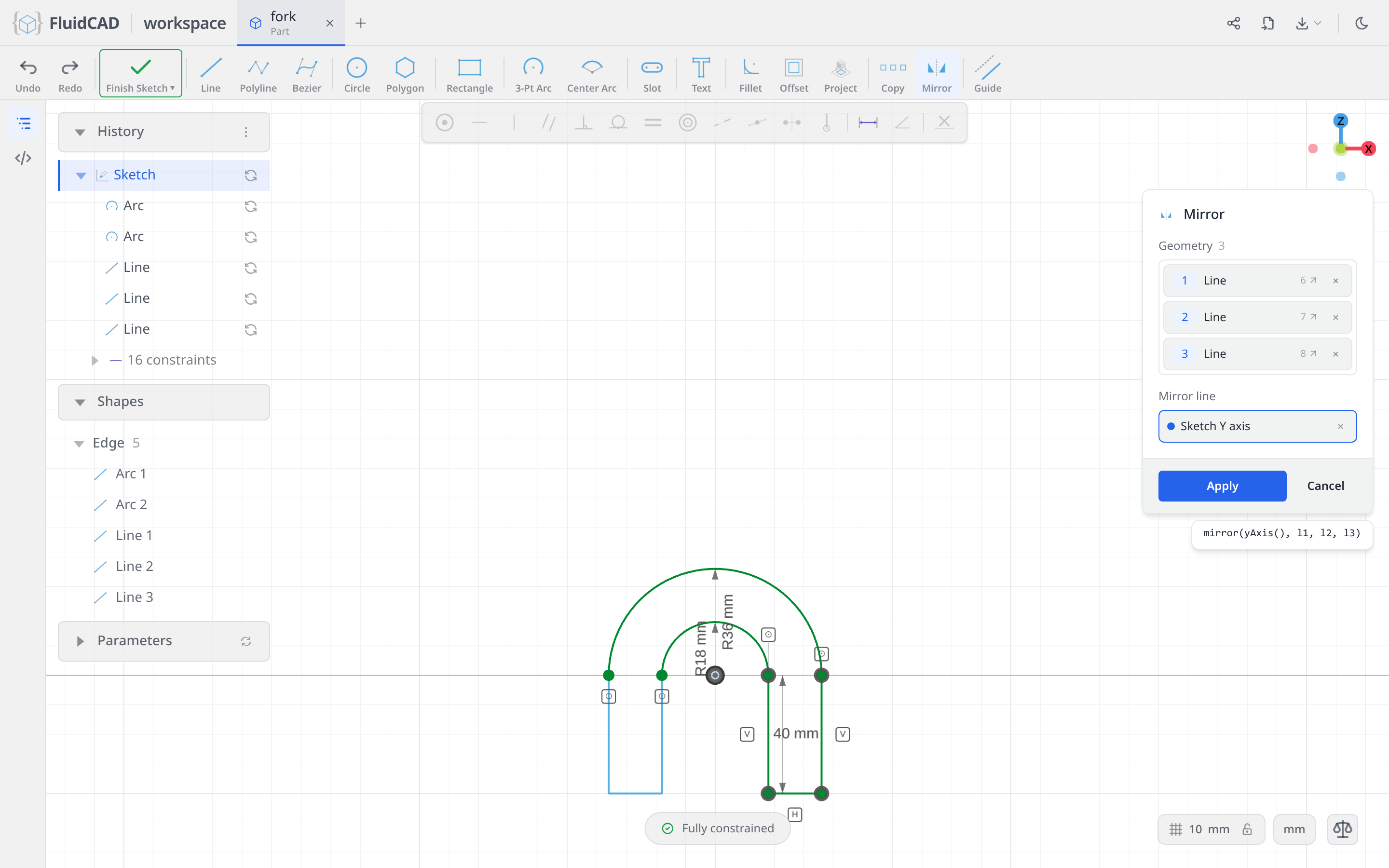 The Mirror dialog with the three leg lines and the sketch Y axis