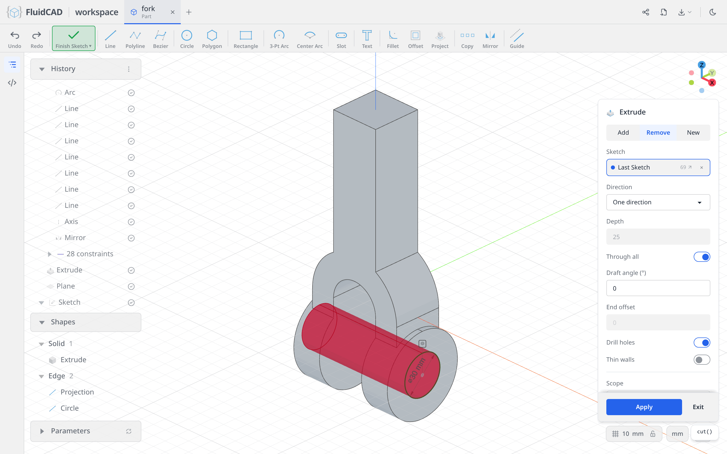 Extrude on the Remove tab with Through all