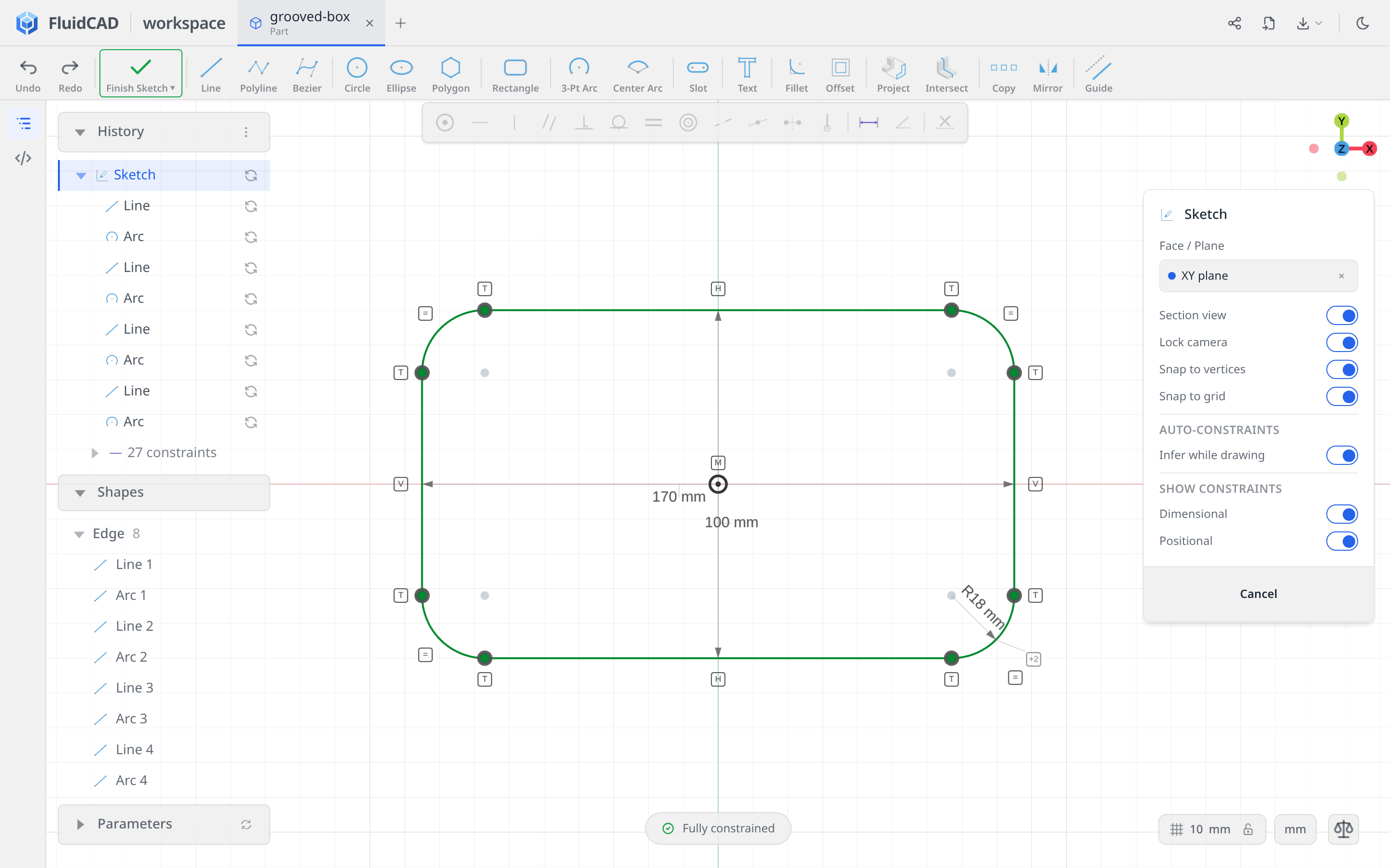 Fully constrained 170 by 100 rounded rectangle with R18 corners