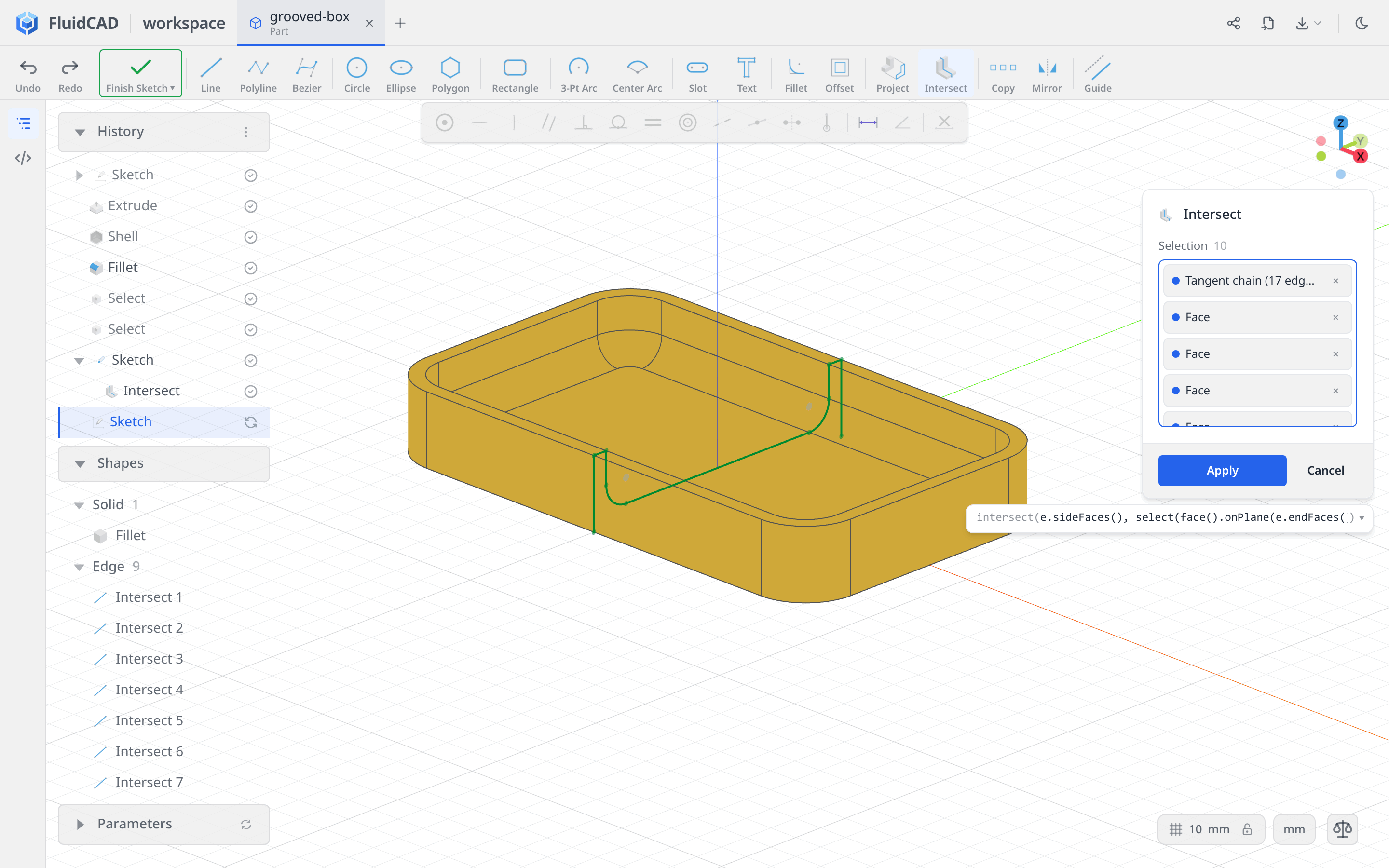 The same surfaces selected for the XZ intersection