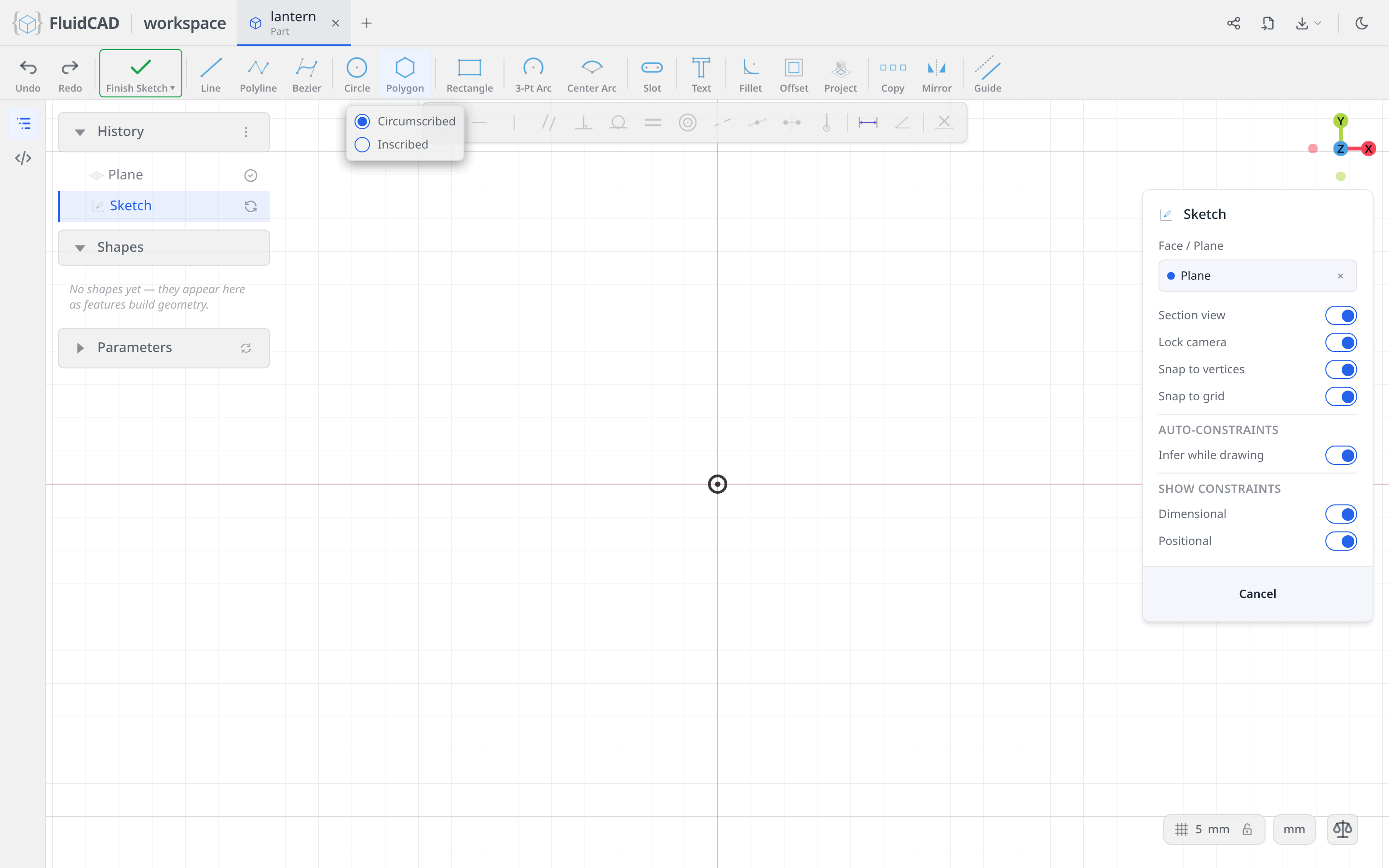 The Polygon tool's option menu, with Inscribed selected