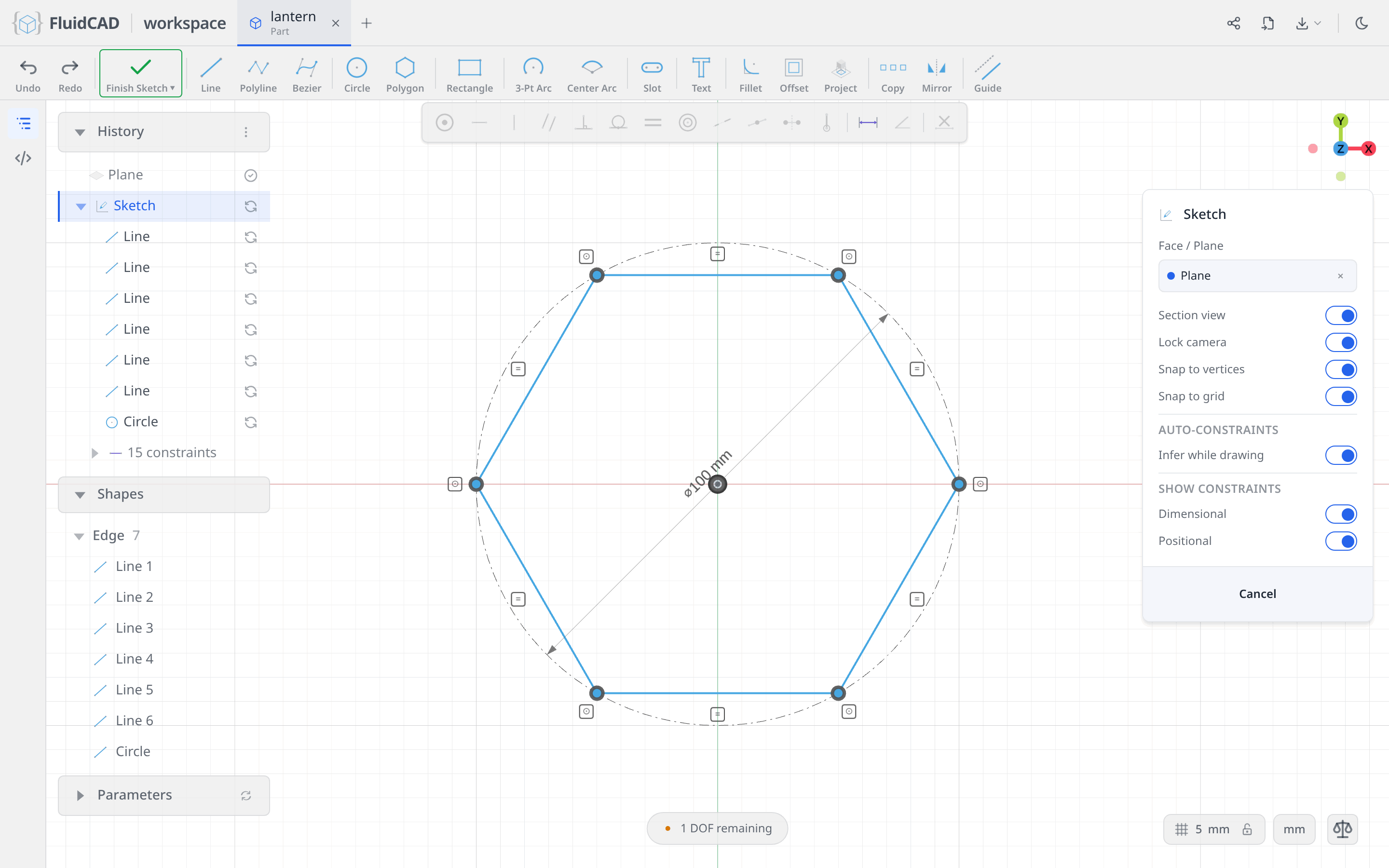 The hexagon with its guide circle and constraint badges, 1 DOF left