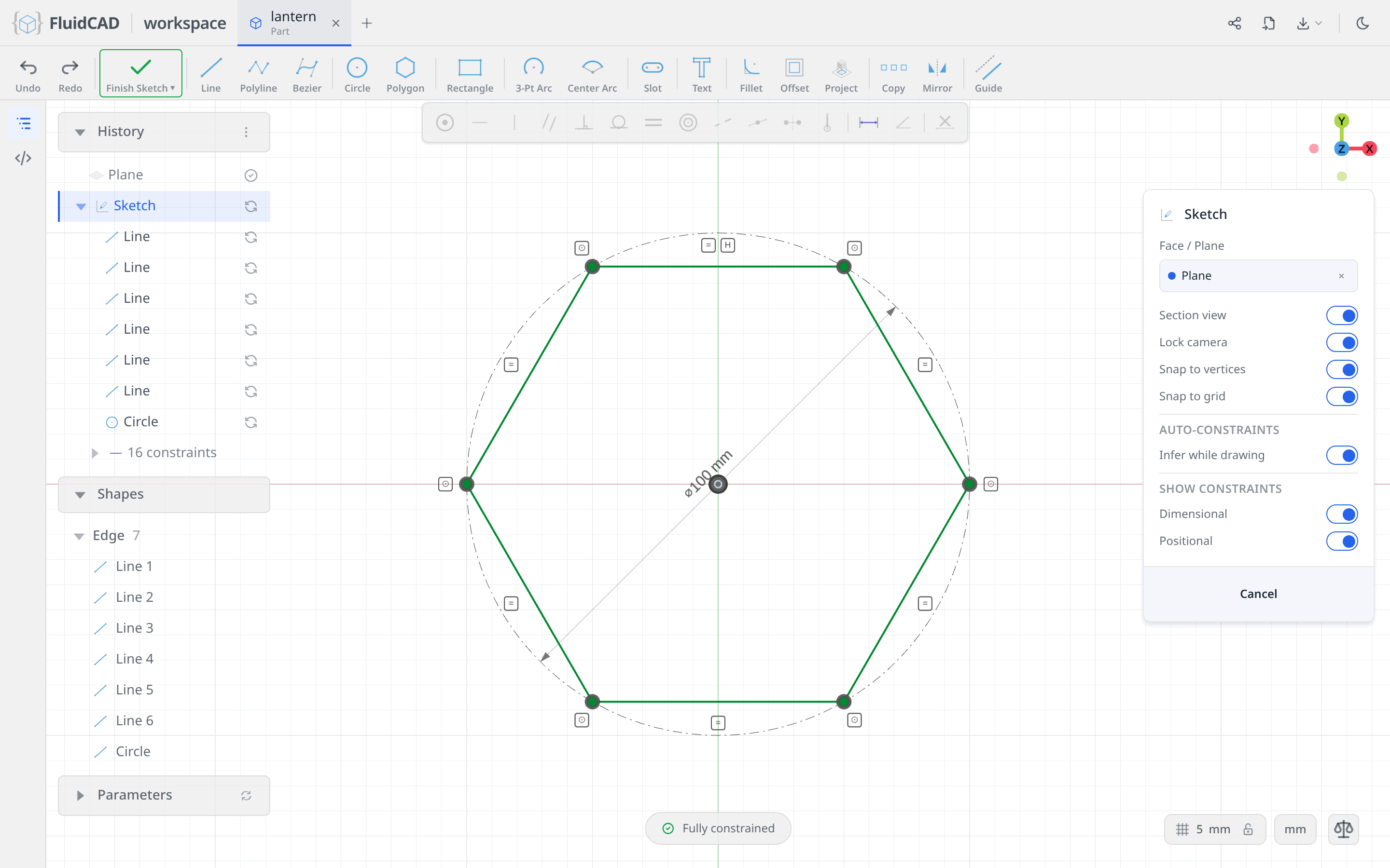 The hexagon, fully constrained by a horizontal on the top side
