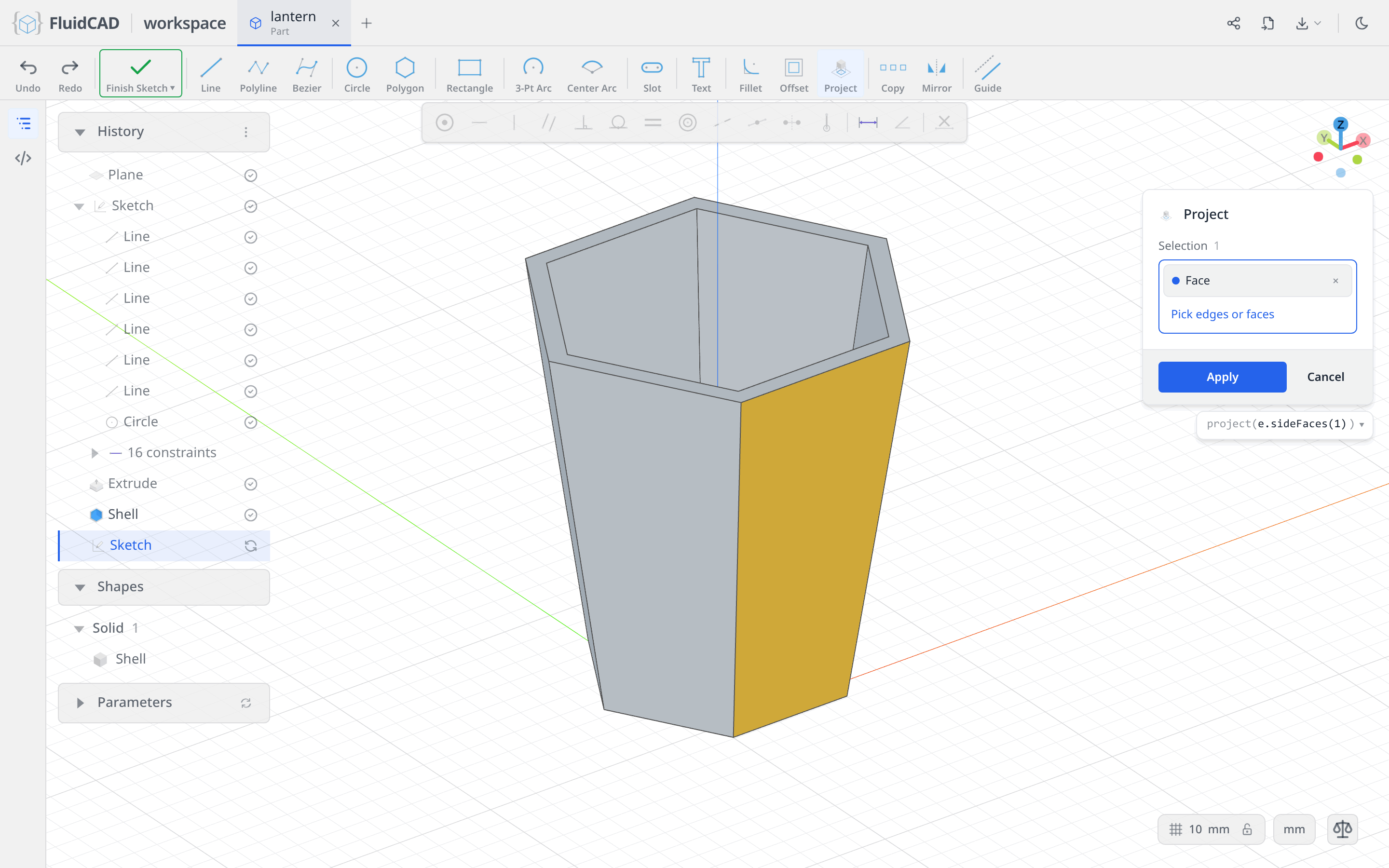 Project tool with the side face picked
