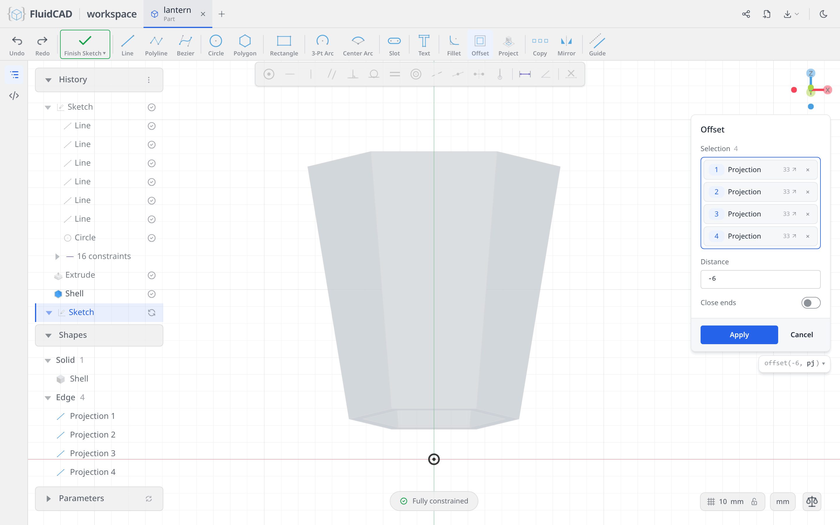 Offset dialog with the four guide edges picked and a −6 distance