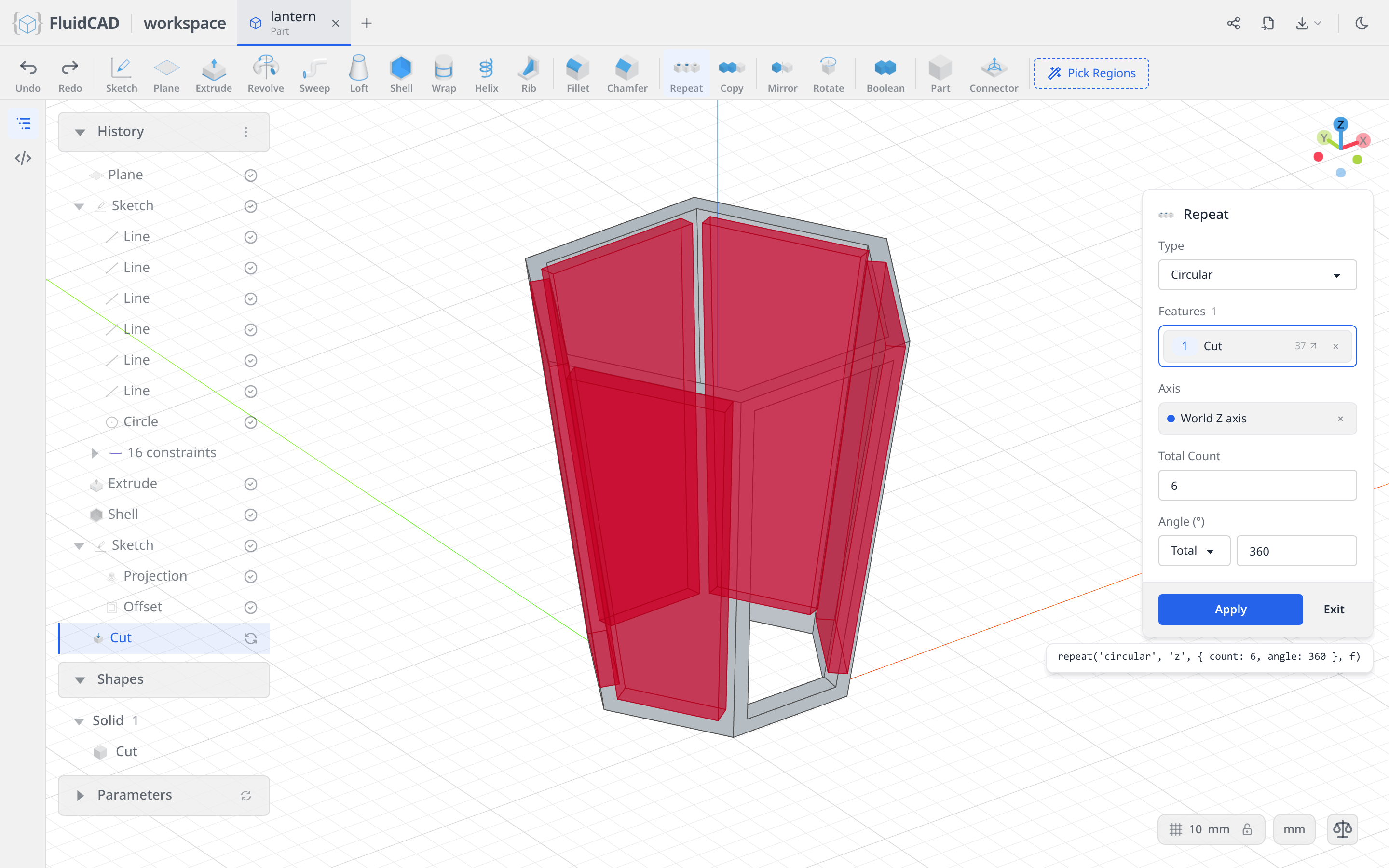 Repeat dialog, the cut ghosted six times around the Z axis