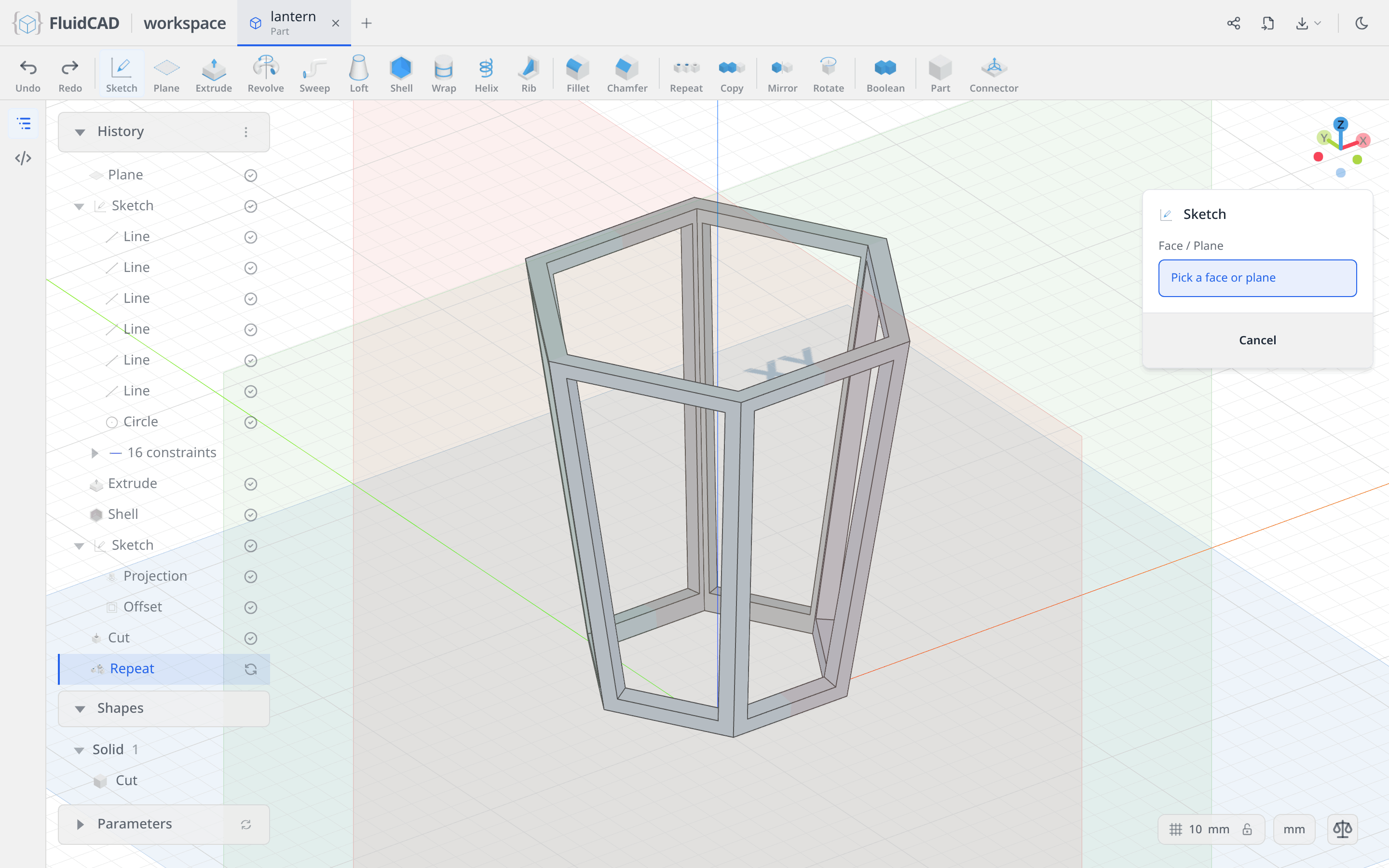 Sketch tool armed with the origin planes shown around the cage