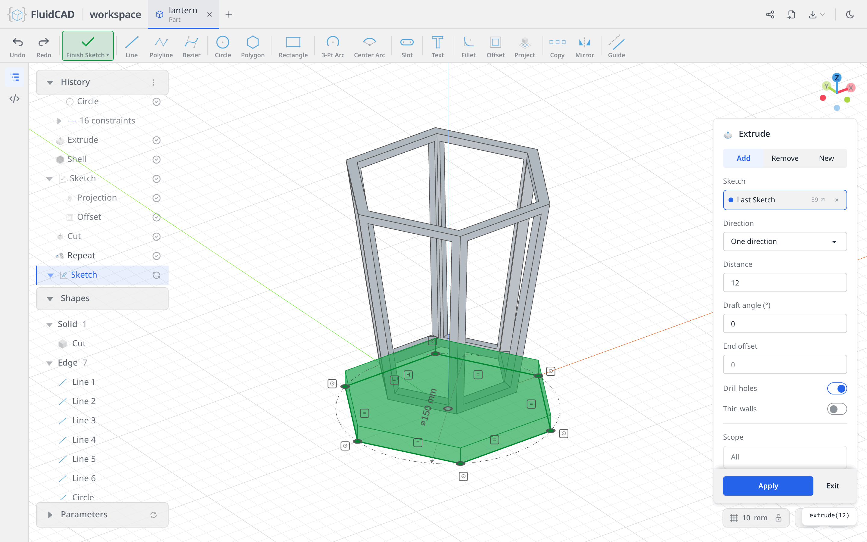 Extrude dialog with the 12 mm base slab ghost