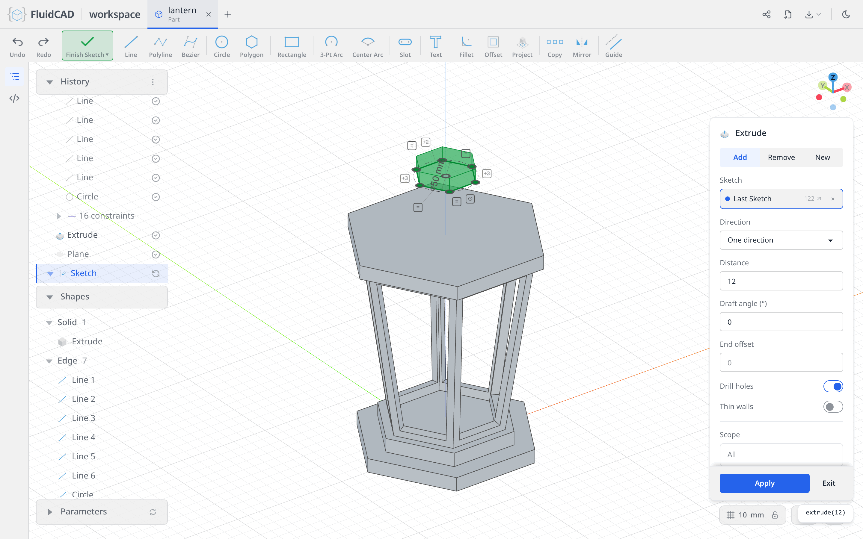 Extrude dialog with the small tip ghost floating above the cap