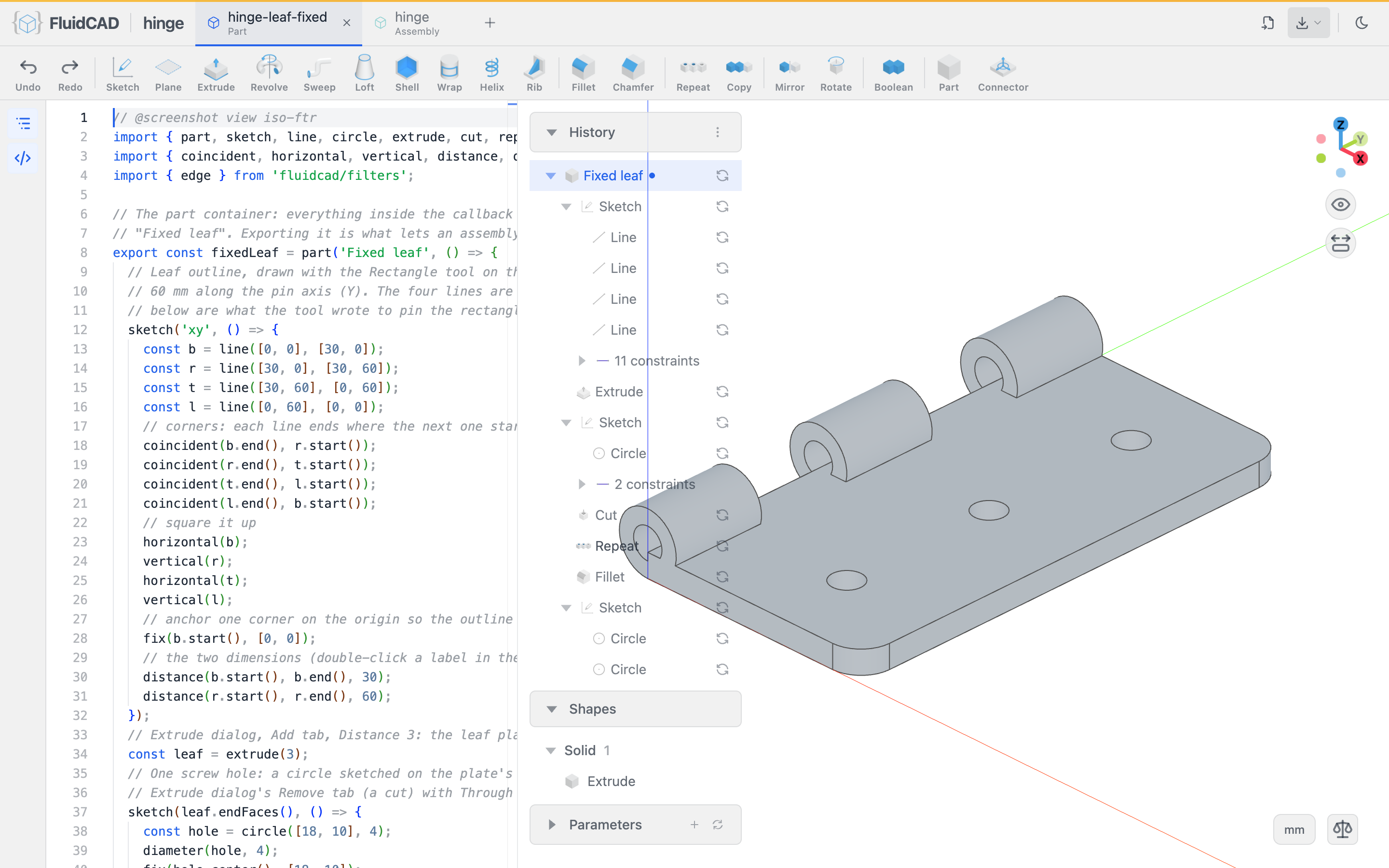 The workspace with the code editor open
