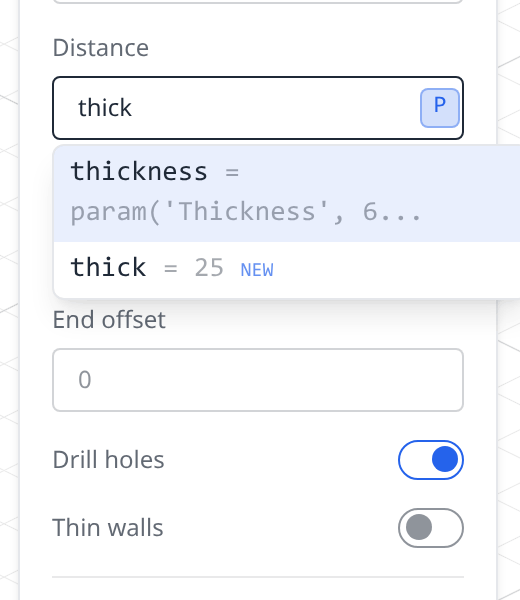 The Extrude dialog's Distance field with the parameter dropdown open