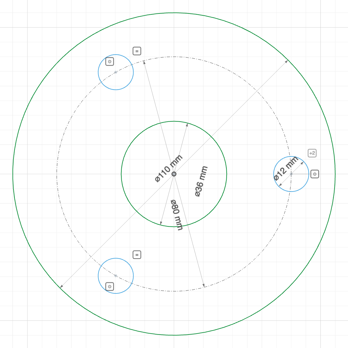 A three-bolt flange: holes on a guide pitch circle