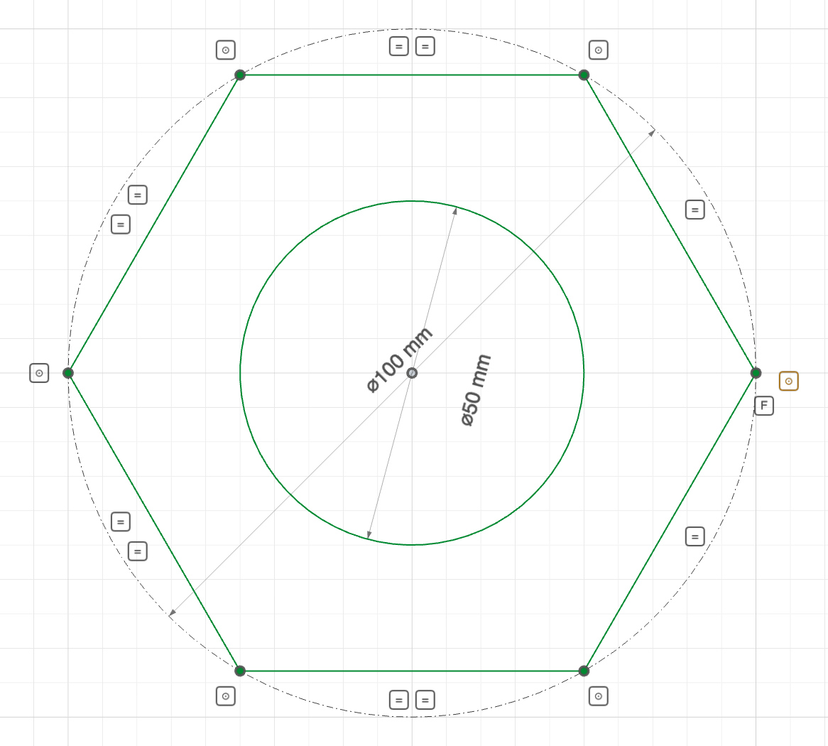 A hex nut outline laid out on a guide circle