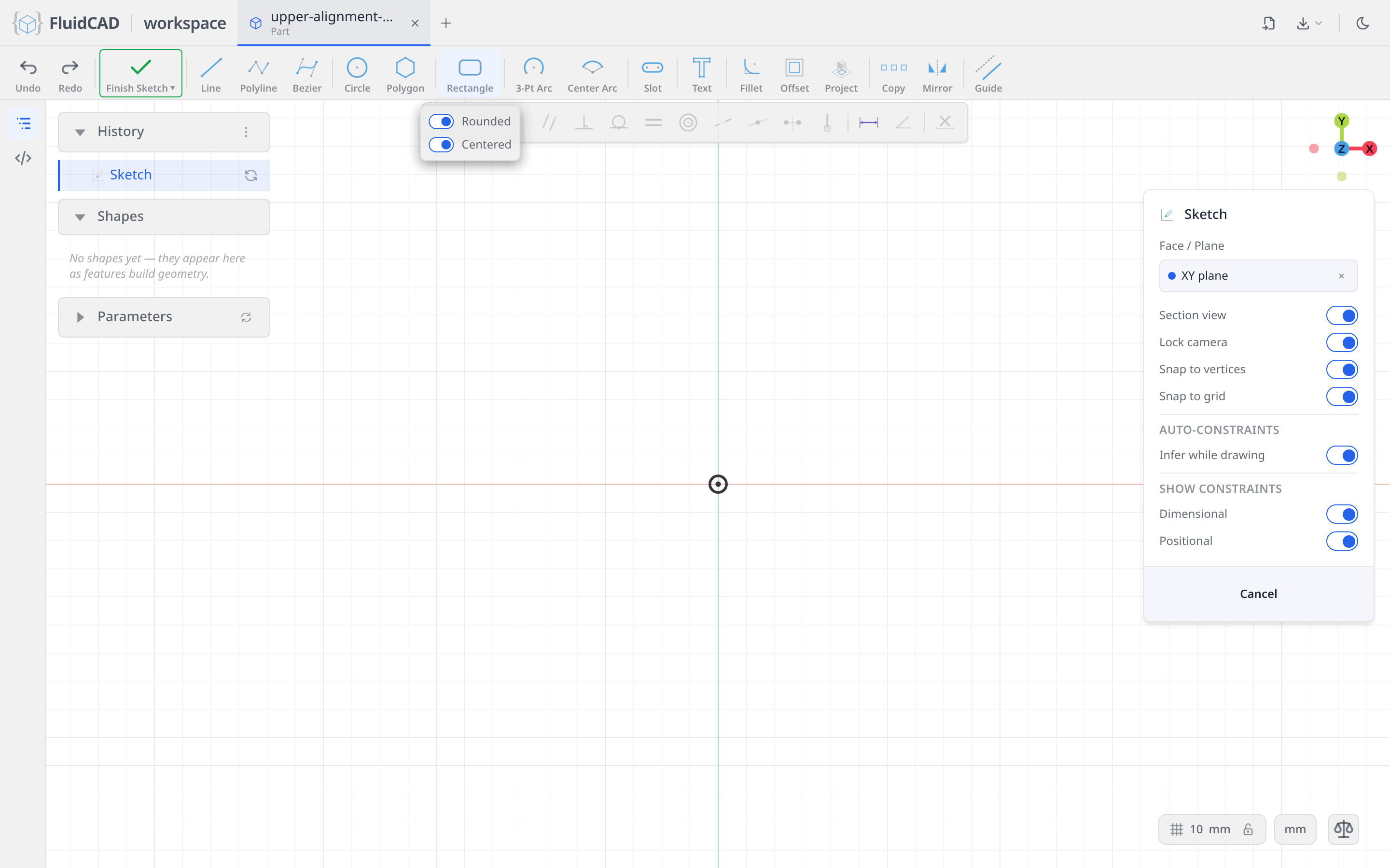 The Rectangle tool's option menu with Rounded and Centered on