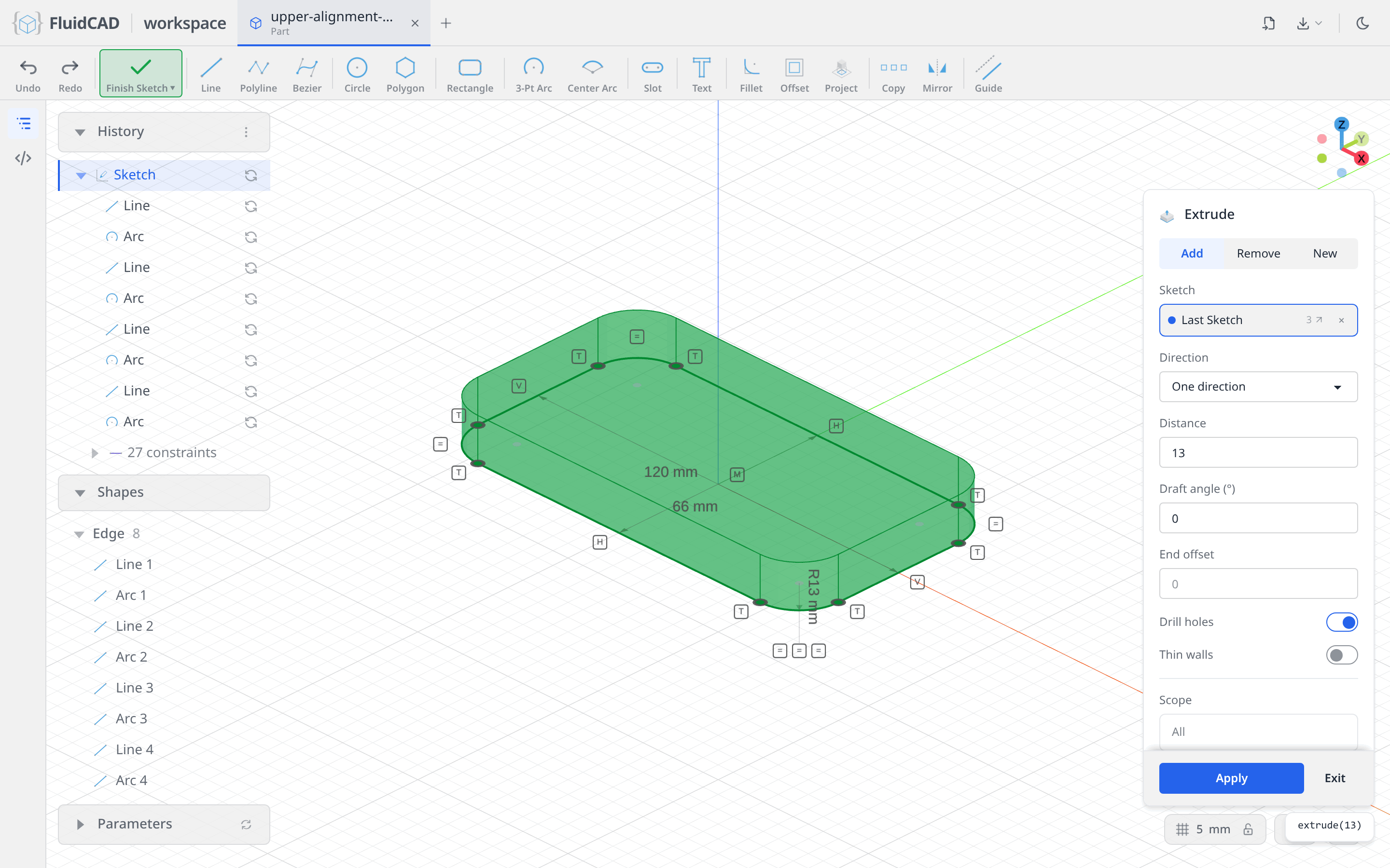 Extrude dialog with the 13 mm ghost preview