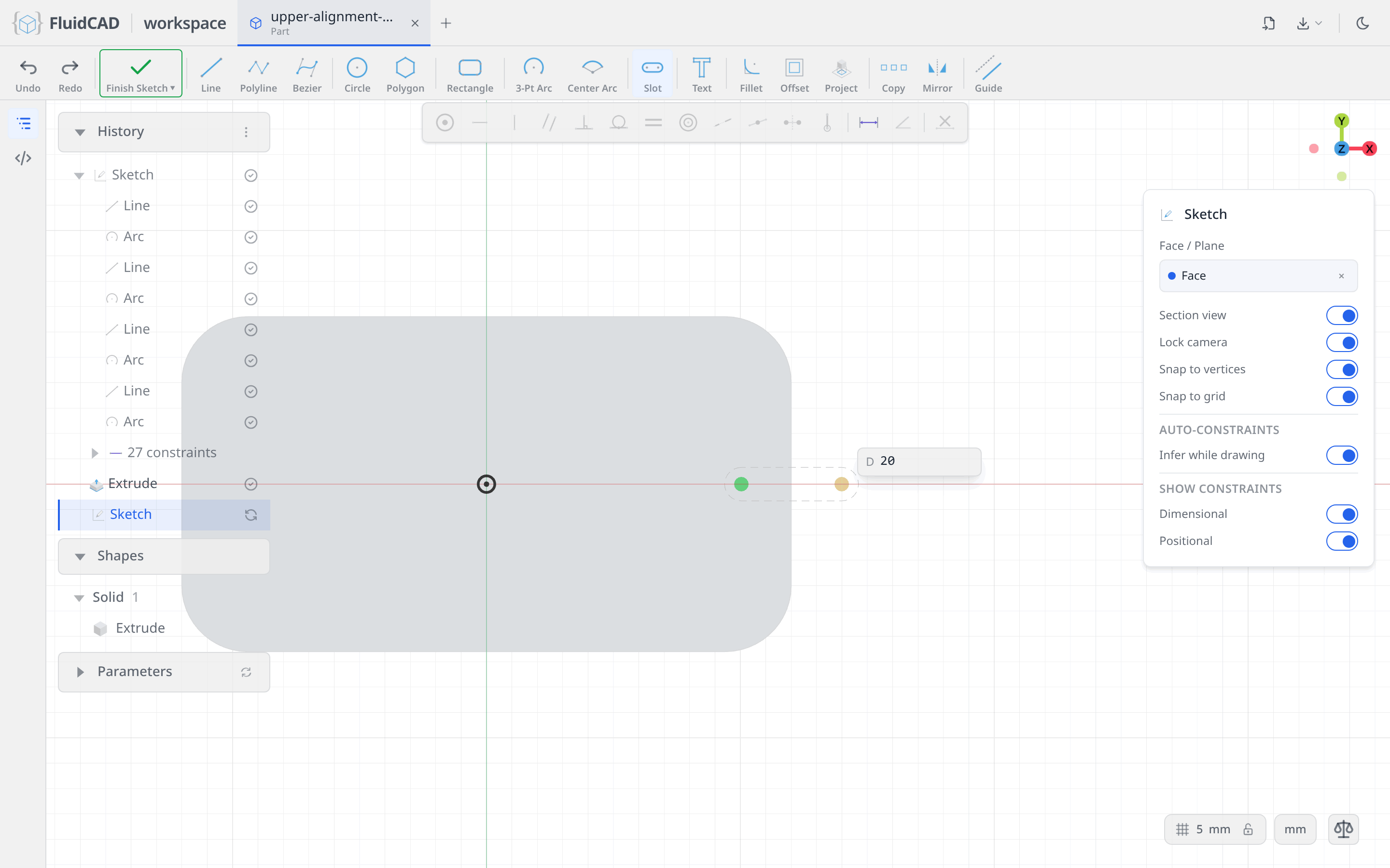 Slot tool: the centre distance is typed