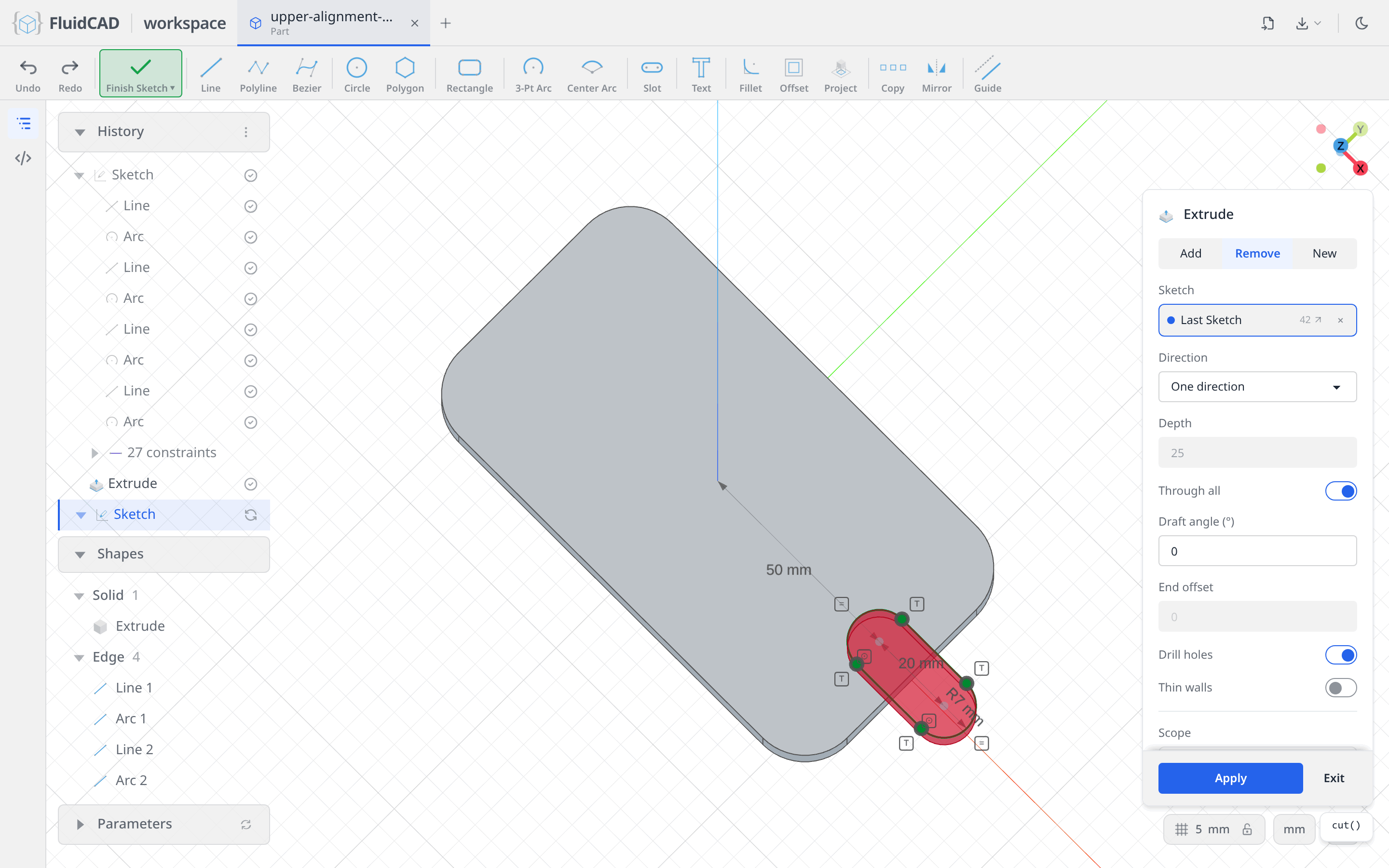 Extrude dialog on the Remove tab with Through all