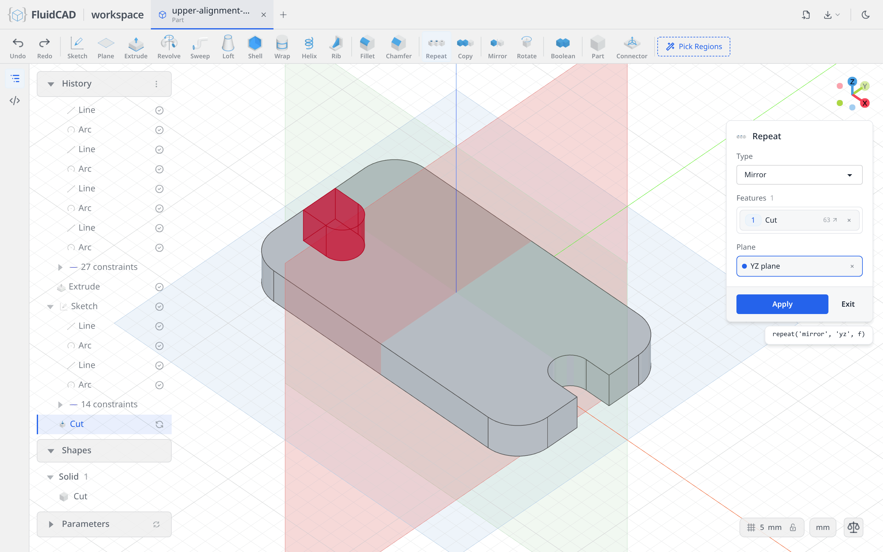Repeat dialog mirroring the notch across the YZ plane