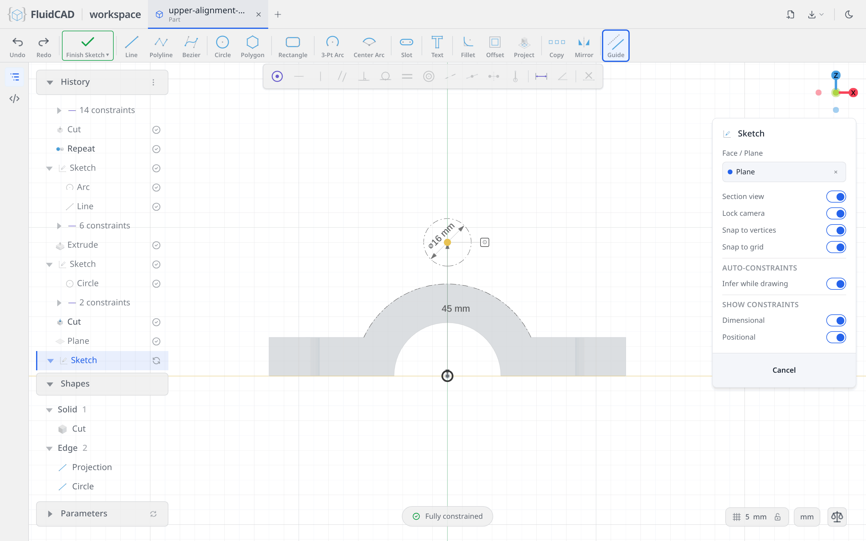 The two guides: the projected barrel arc and the 16 mm pipe circle