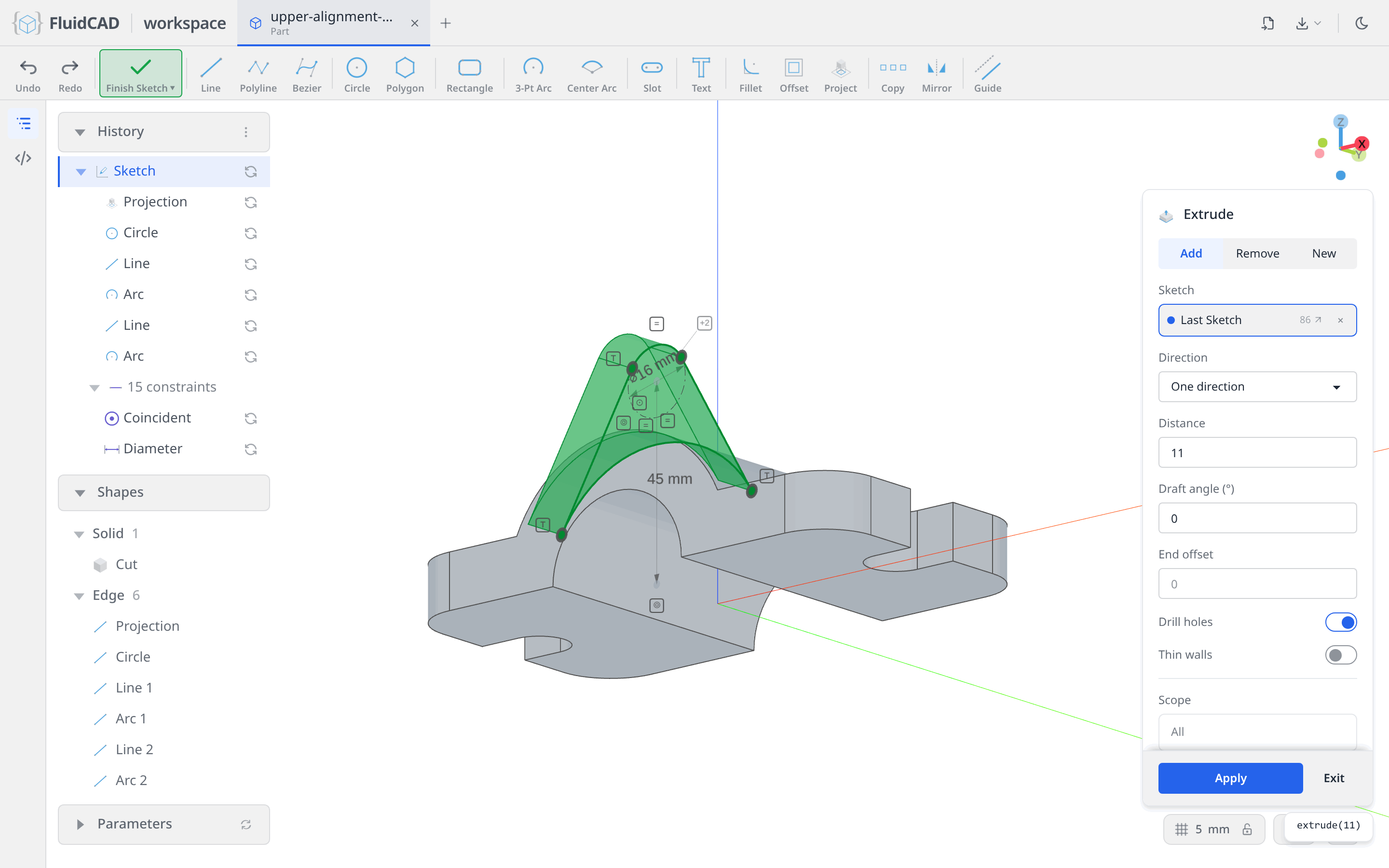 Extrude dialog with the 11 mm web ghost