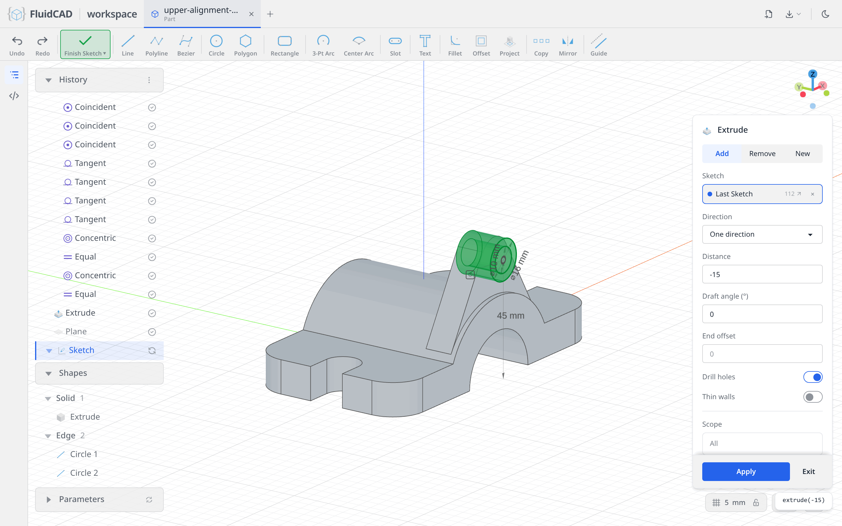 Extrude dialog with the -15 mm pipe ghost