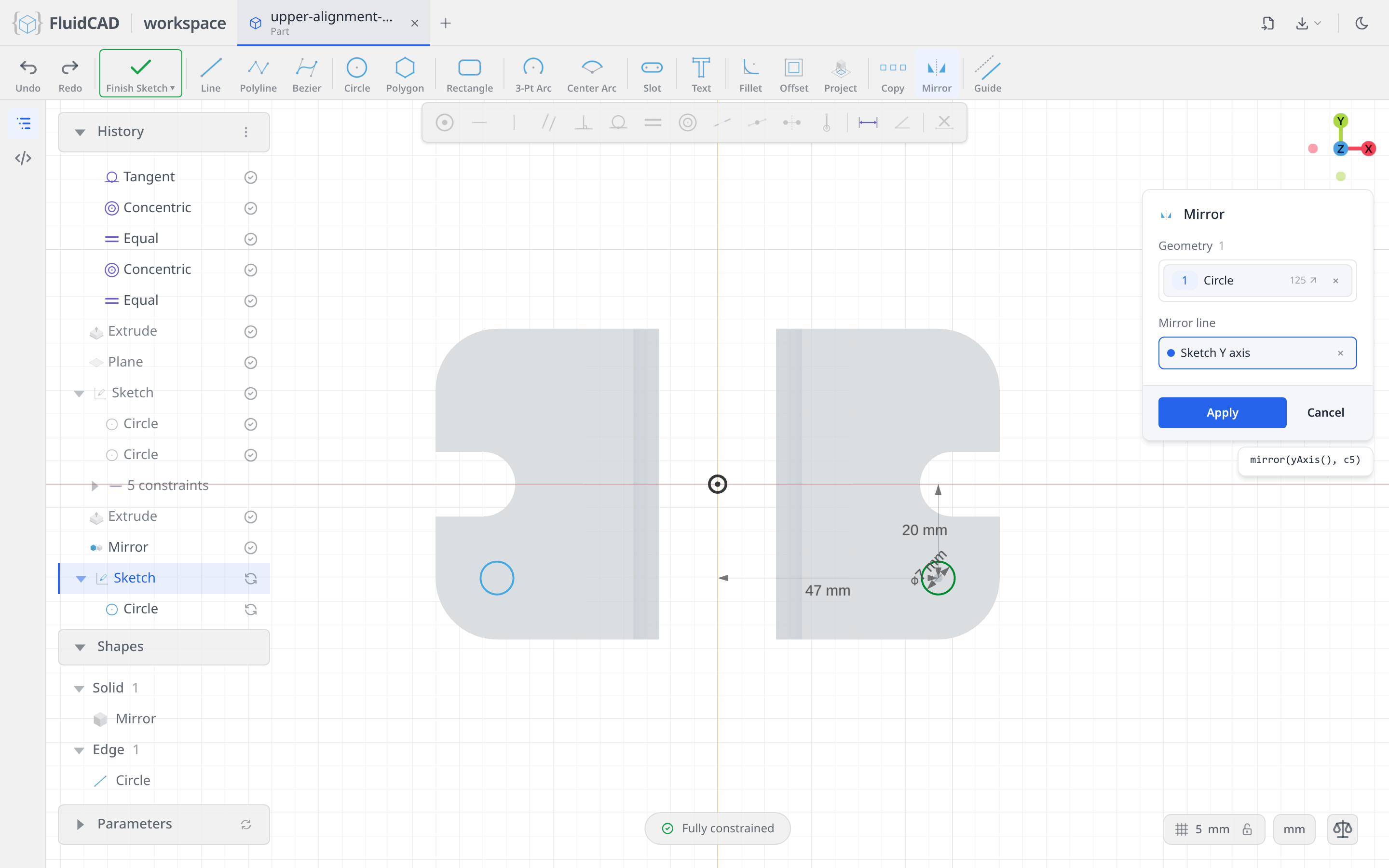 The 2D Mirror tool with the mirrored circle preview