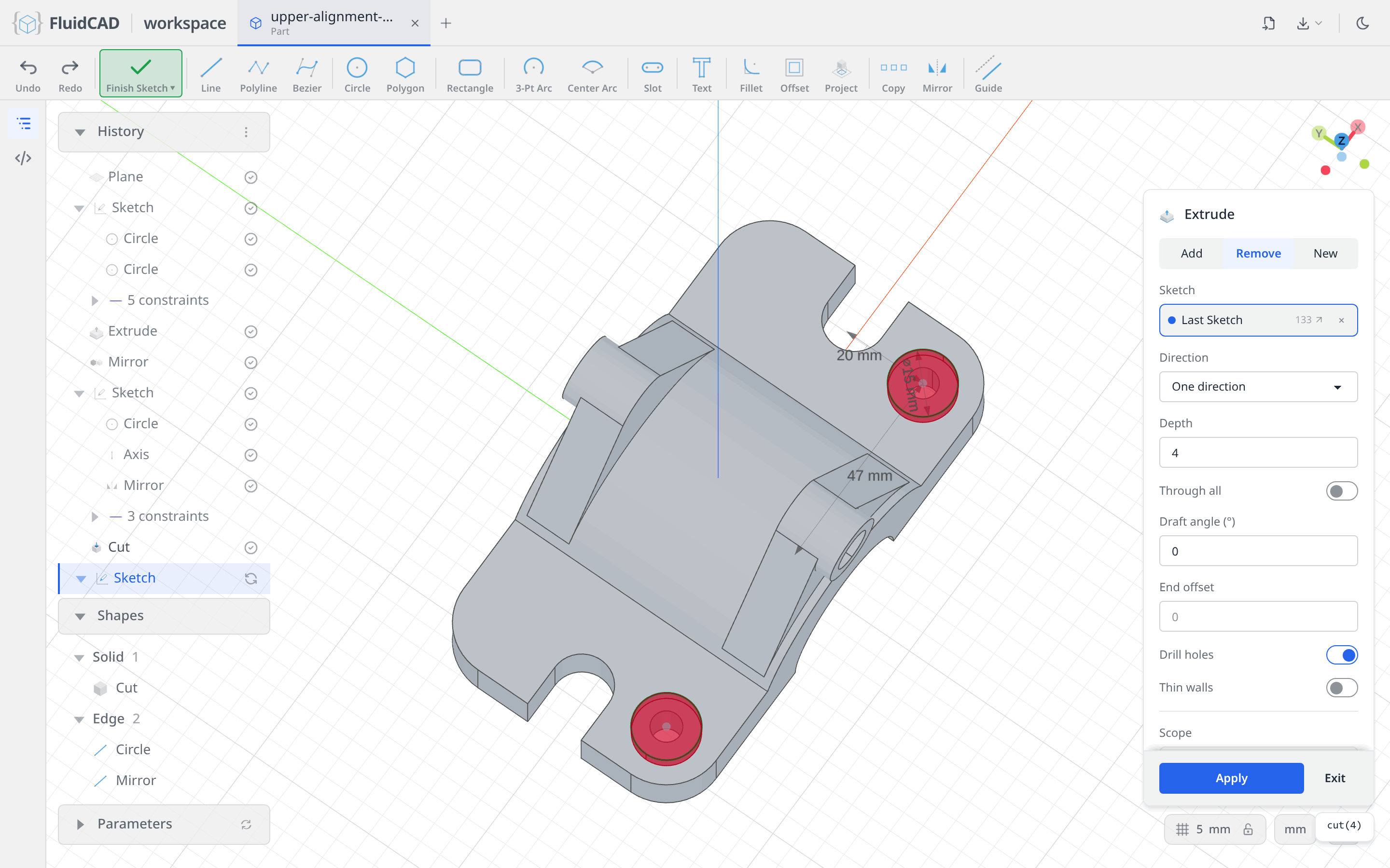 Extrude dialog with the 4 mm counterbore ghost